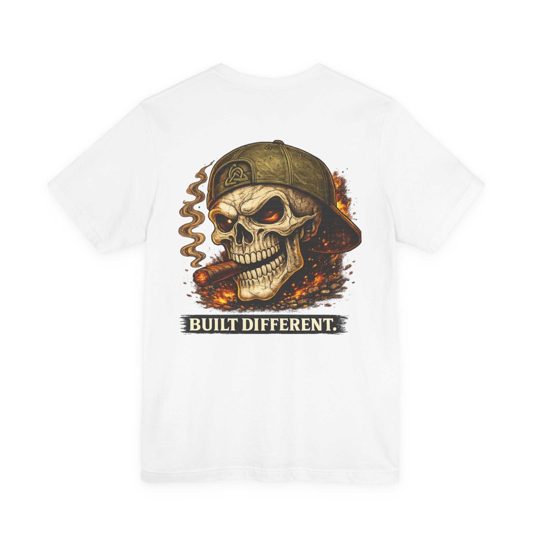 Built Different Skull Tee with bold biker skull graphic and "BUILT DIFFERENT" tagline on soft black cotton shirt