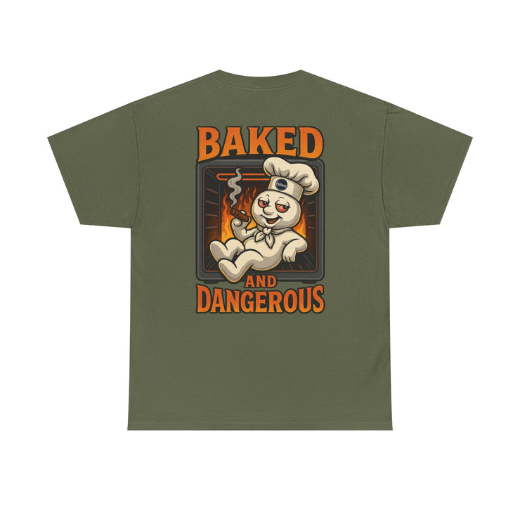 Olive green graphic tee with cartoon dough boy chilling in oven and text "Baked and Dangerous"