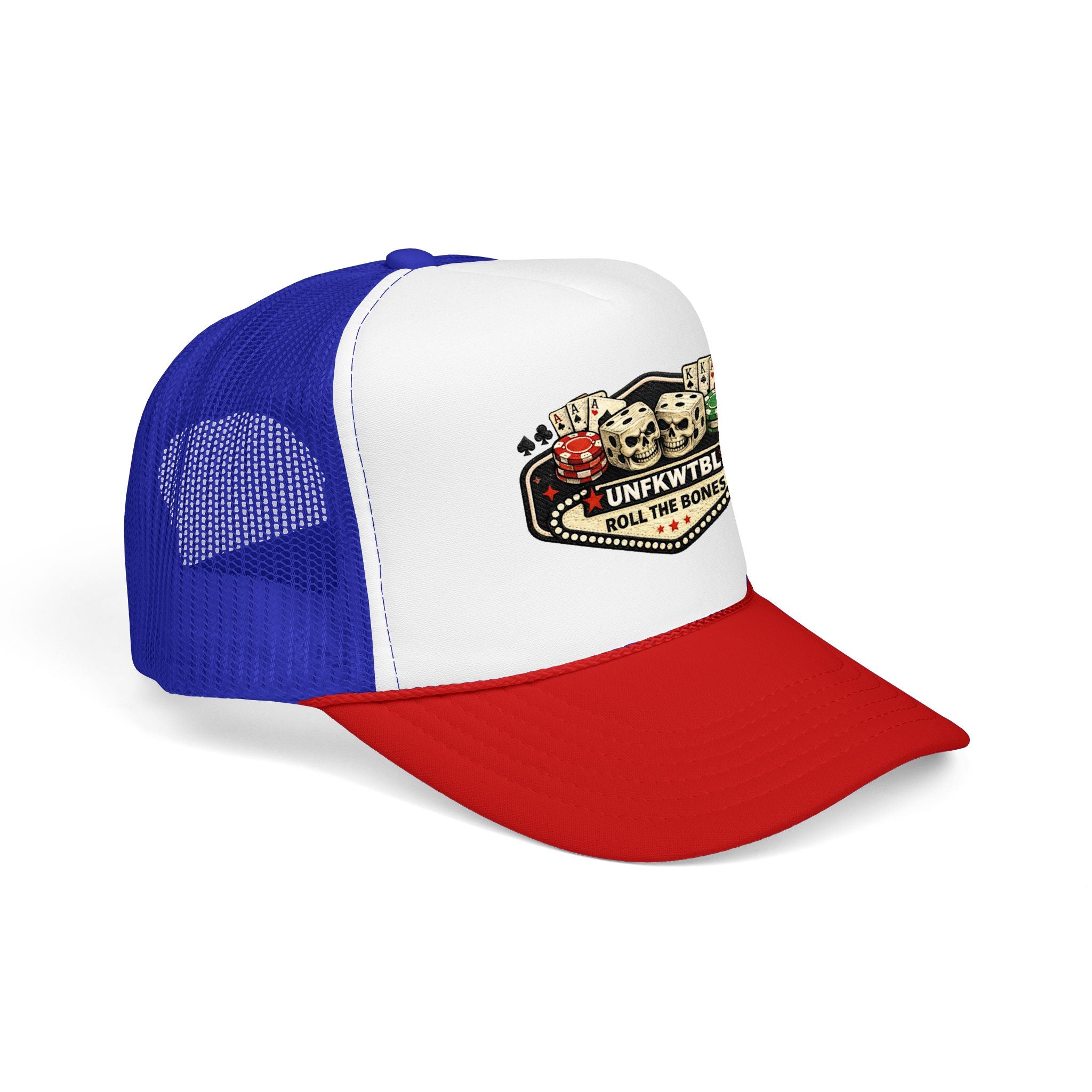 Roll the Bones Trucker Hat — Skull & Dice Poker Foam Cap