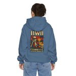 blue garment-dyed hoodie with skeleton graphic and text on back, unisex casual wear