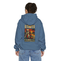 blue garment-dyed hoodie with skeleton graphic and text on back, unisex casual wear