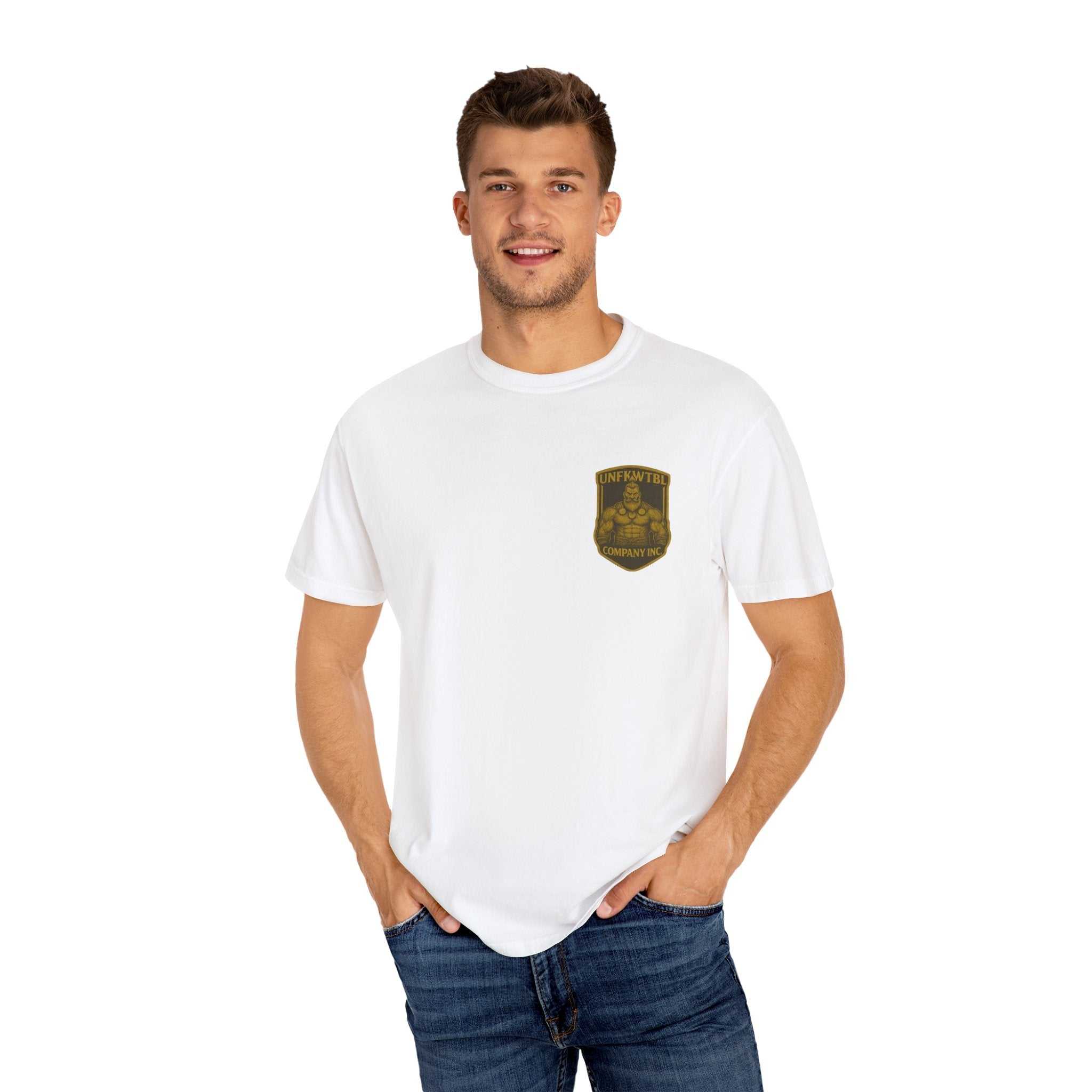 Male model wearing white Odin All Father unisex T-shirt with Norse mythology design on front pocket area