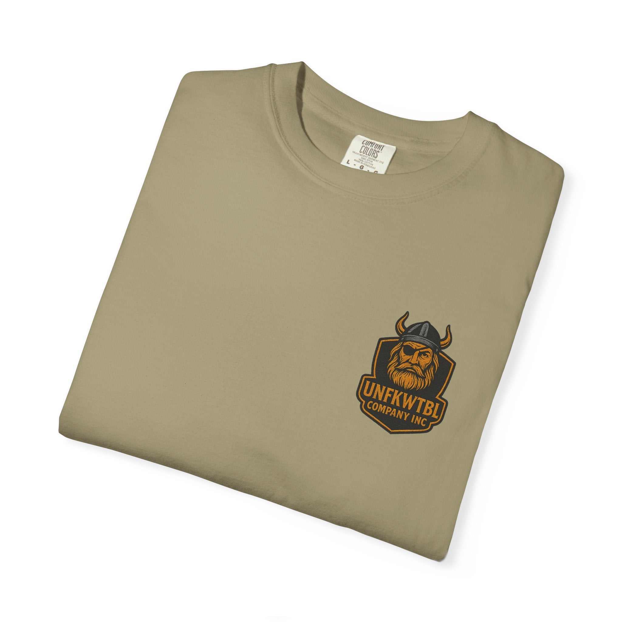 folded tropical humor t-shirt unisex garment-dyed beige casual summer tee with Viking logo