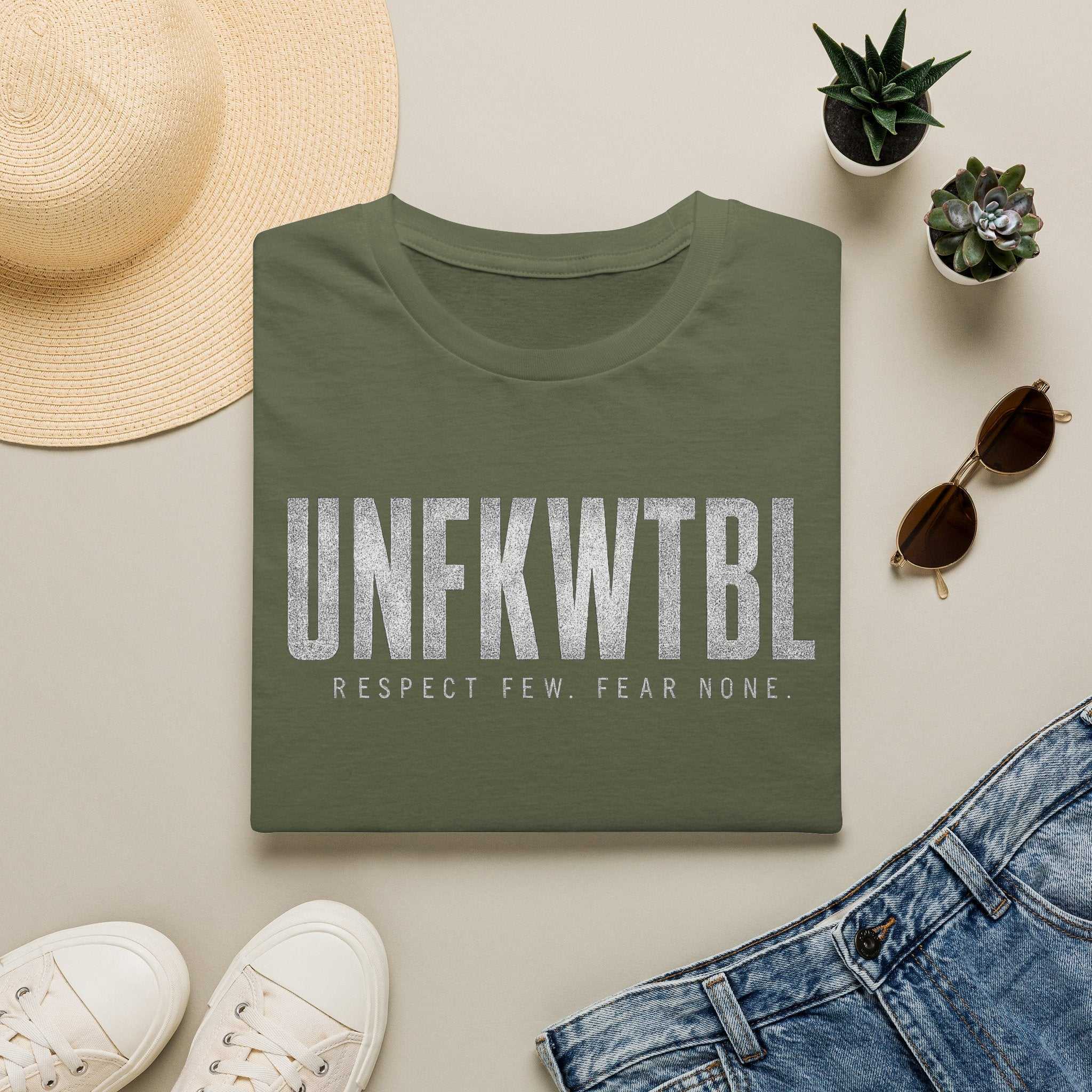UNFKWTBL T-Shirt with bold distressed "Respect Few. Fear None." print on soft ring-spun cotton tee