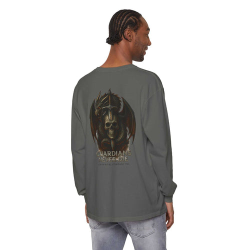 Man wearing gray Guardian Skull Dragon Sword long sleeve tee with skull and dragon graphic on back