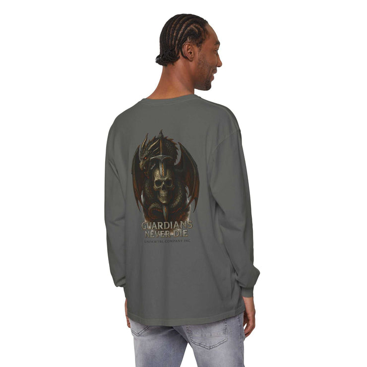 Man wearing gray Guardian Skull Dragon Sword long sleeve tee with skull and dragon graphic on back