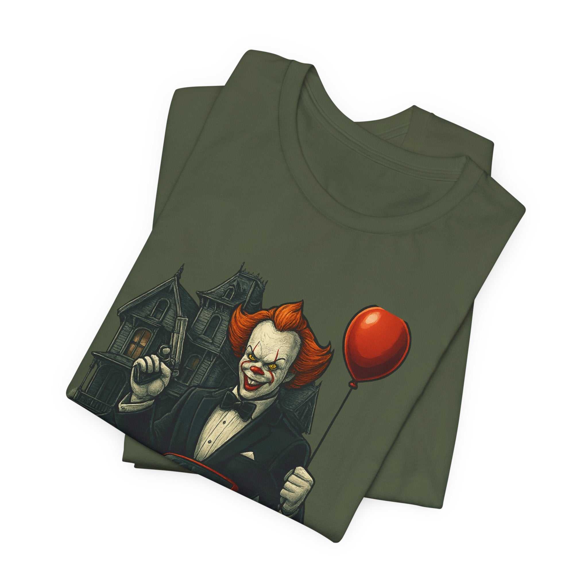 Clown Spy Thriller Tee — "Bond 007" Horror Car Balloon Graphic T-Shirt