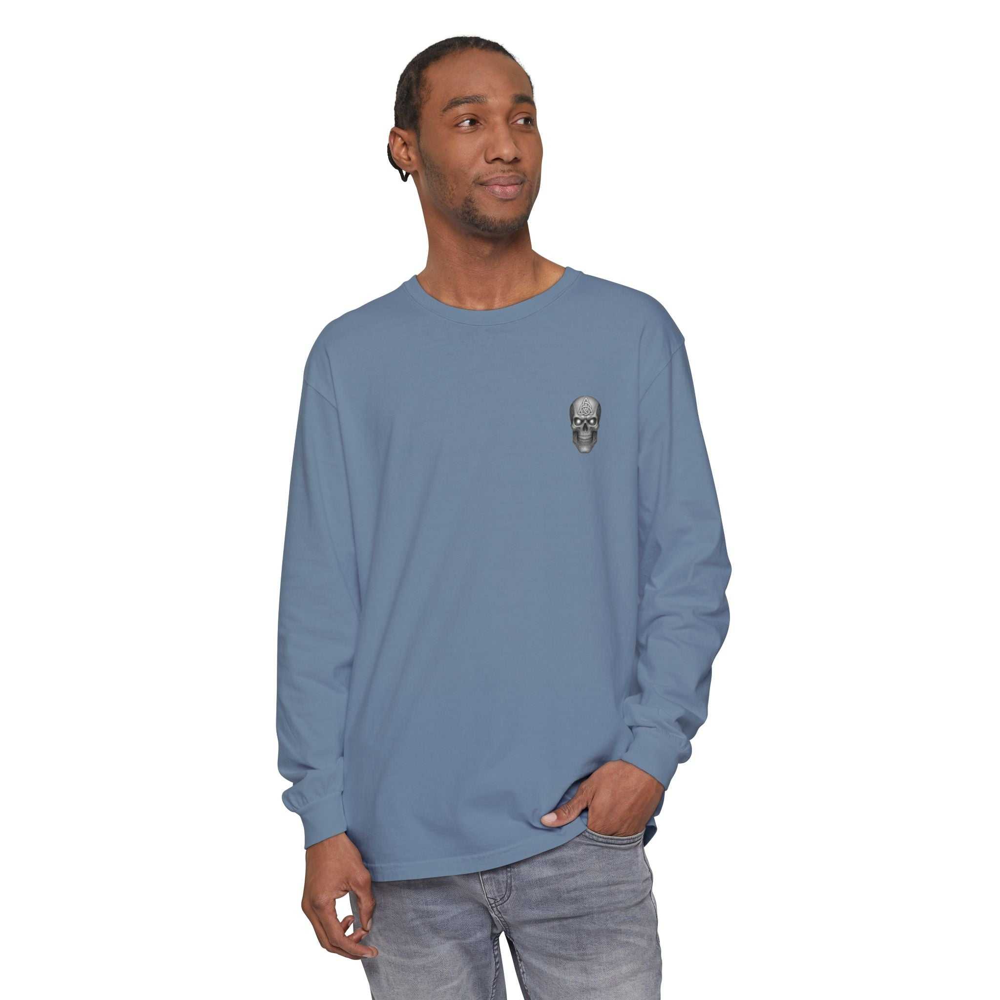 The World Bends I Don’t unisex long sleeve t-shirt in garment-dyed cotton with durable hems and ribbed cuffs
