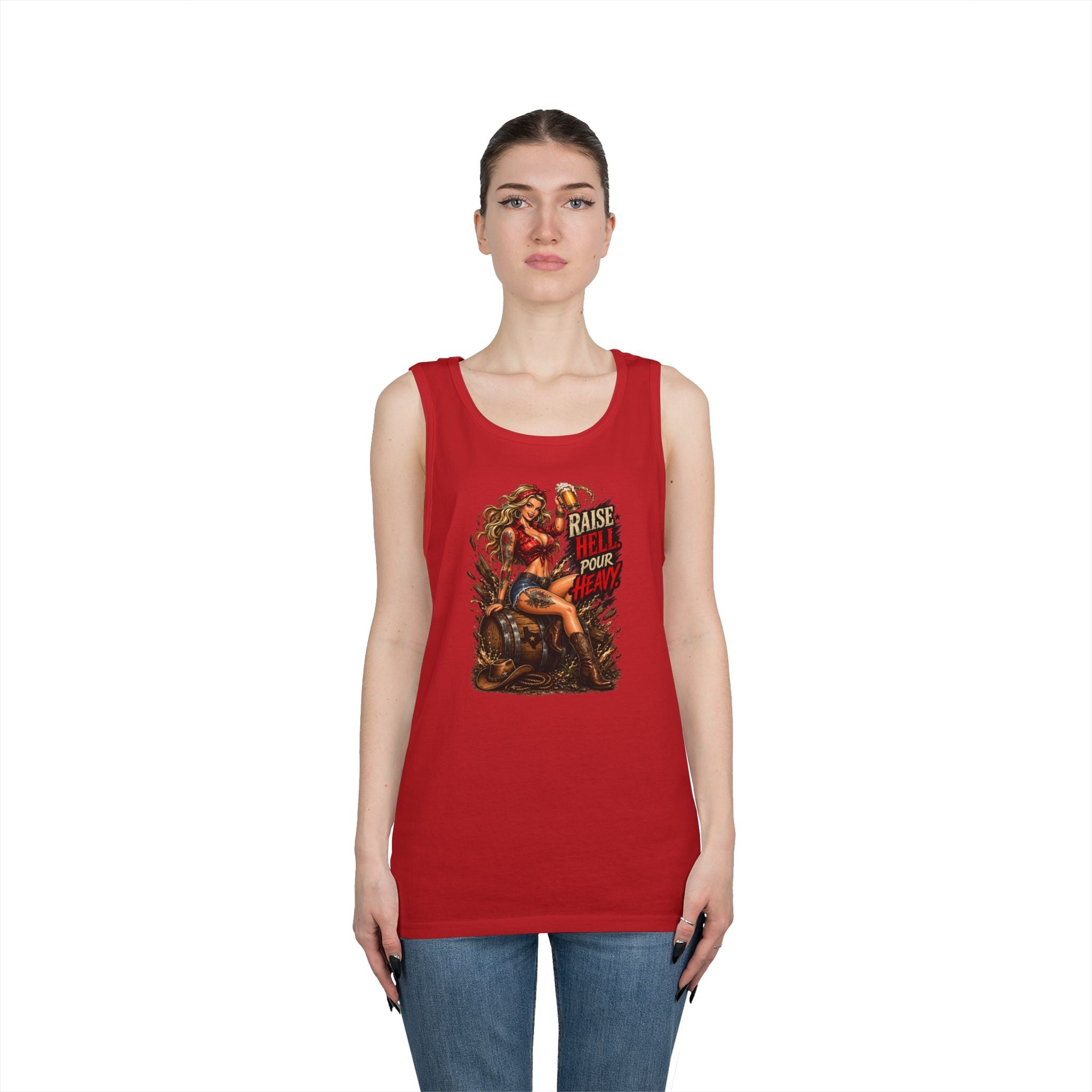 Pinup Biker Tank Top – "Raise Hell, Pour Heavy" Vintage Motorcycle Graphic