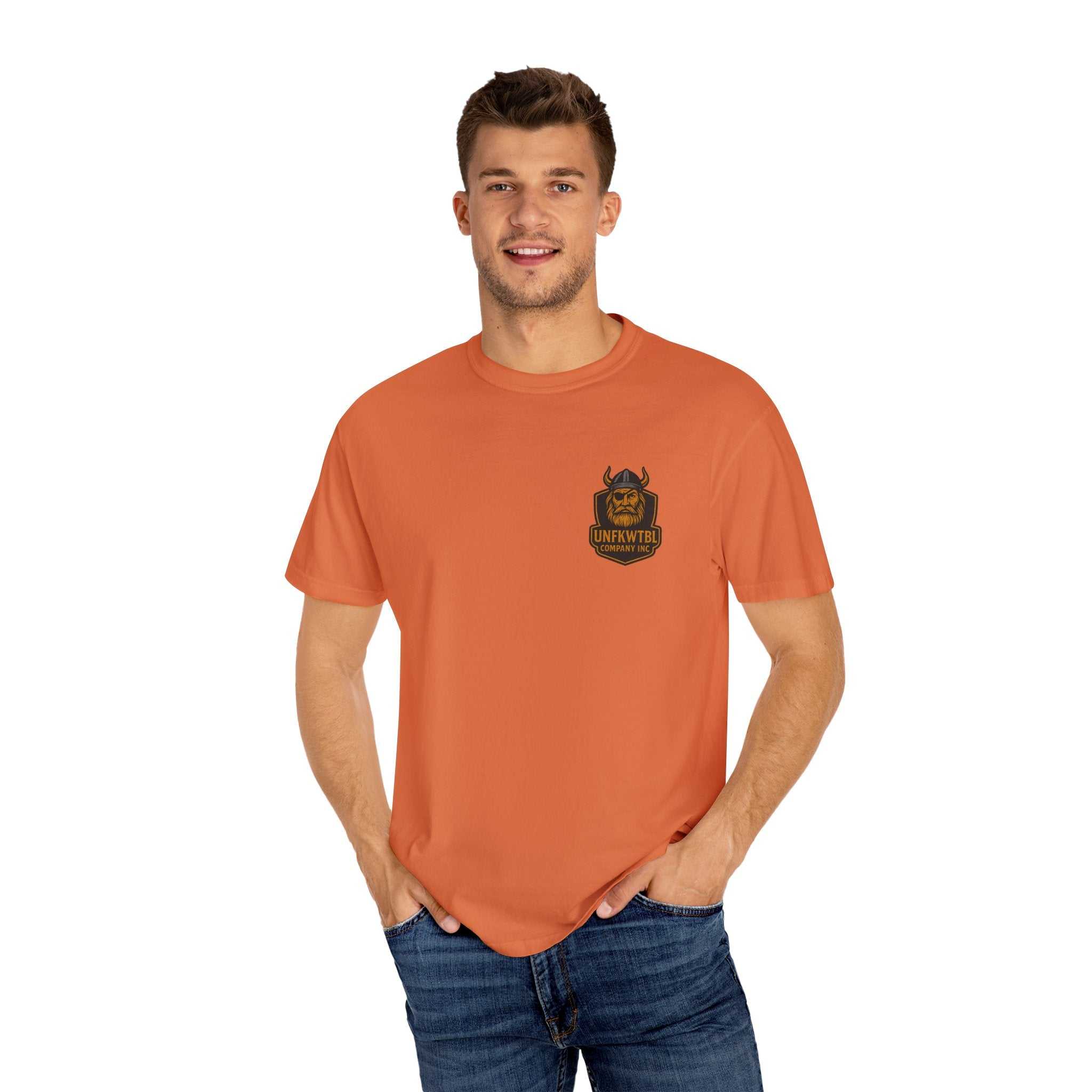 Man wearing orange Tropical Humor T-Shirt, casual unisex summer tee with graphic print, paired with jeans.