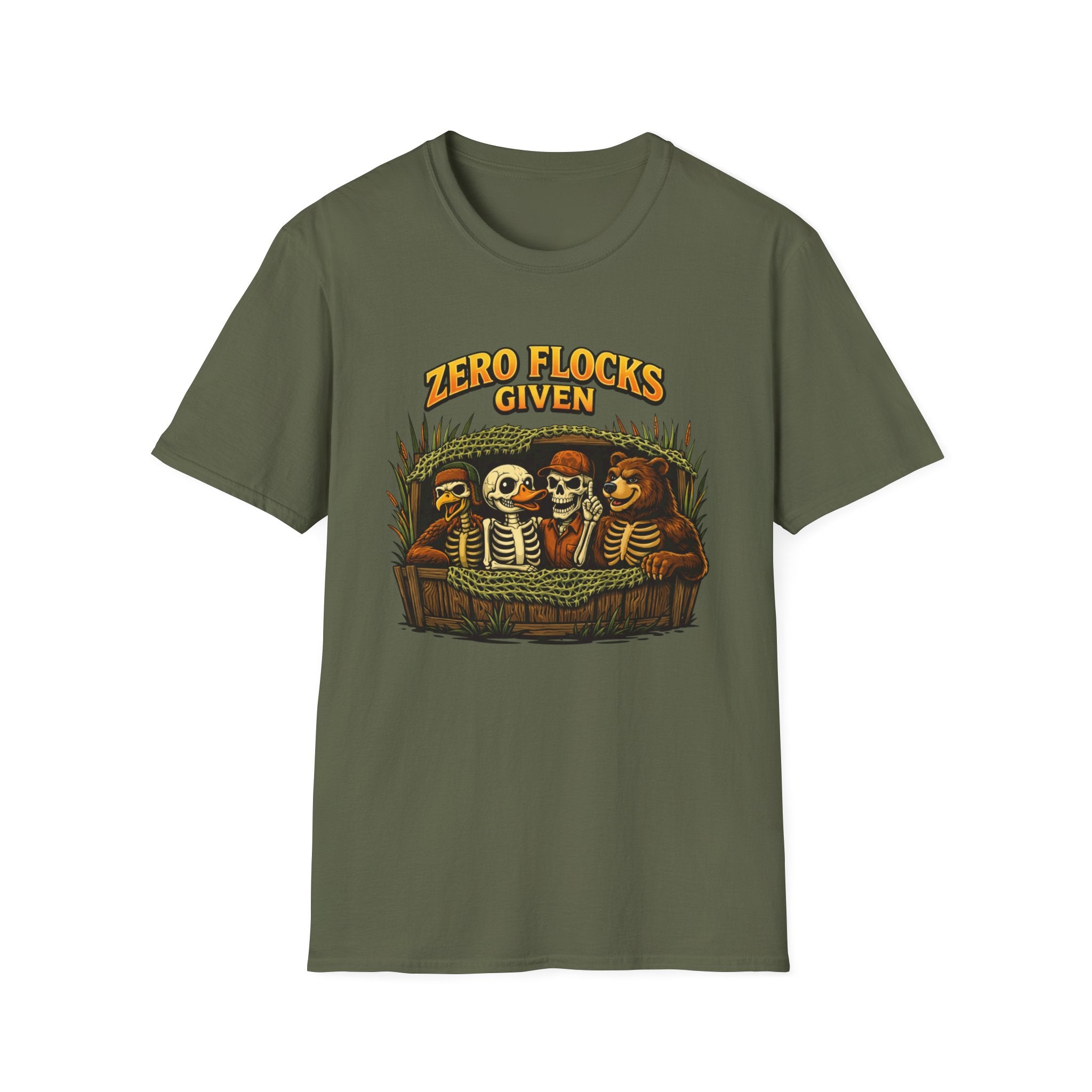 Halloween Skeletons T-Shirt - "Zero Flocks Given" Funny Spooky Tee