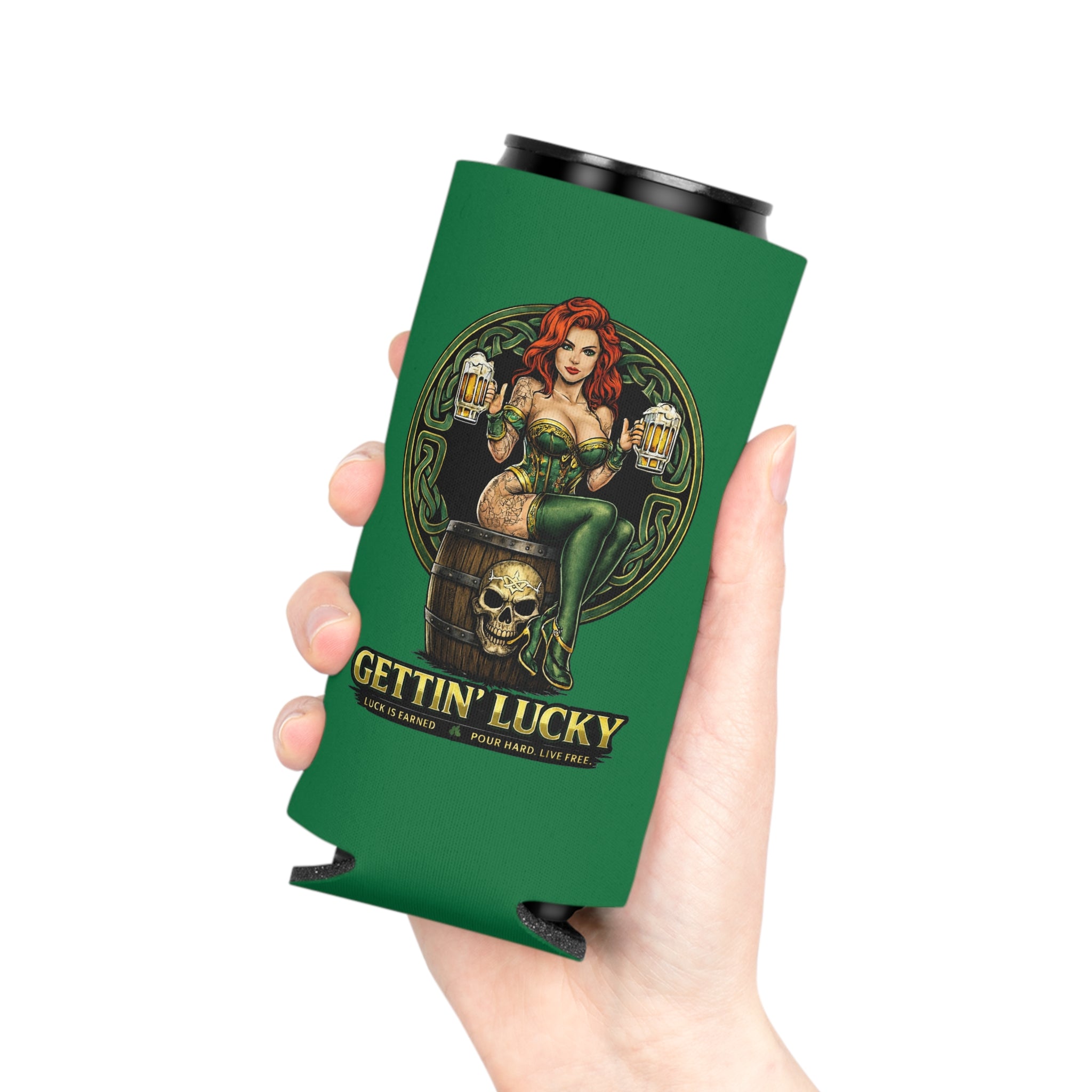 Gettin' Lucky / Stay Cold Can Cooler — St. Patrick's Day Pinup Beer Koozie