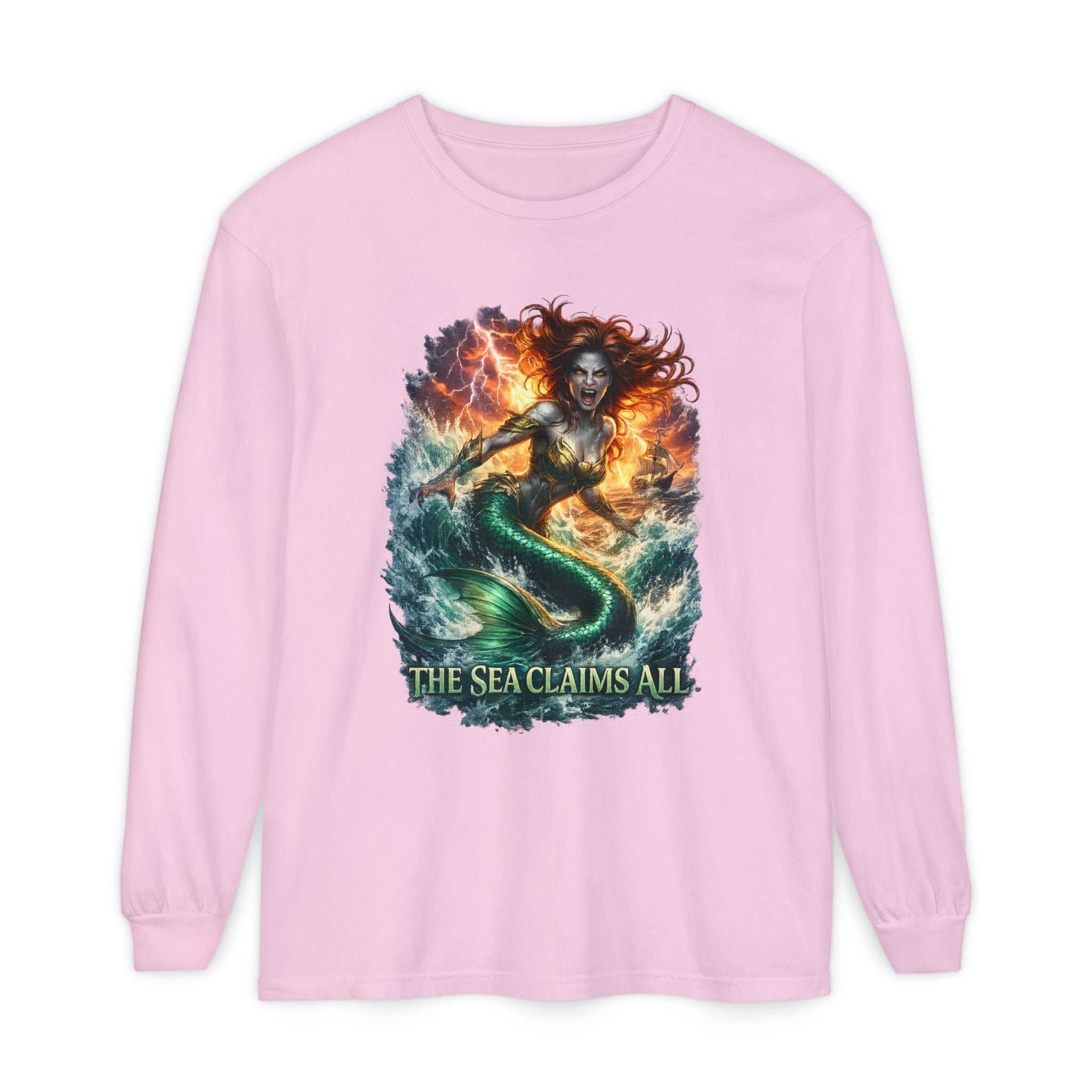 Mermaid Graphic Long Sleeve Tee — "The Sea Claims All" Nautical Fantasy Shirt