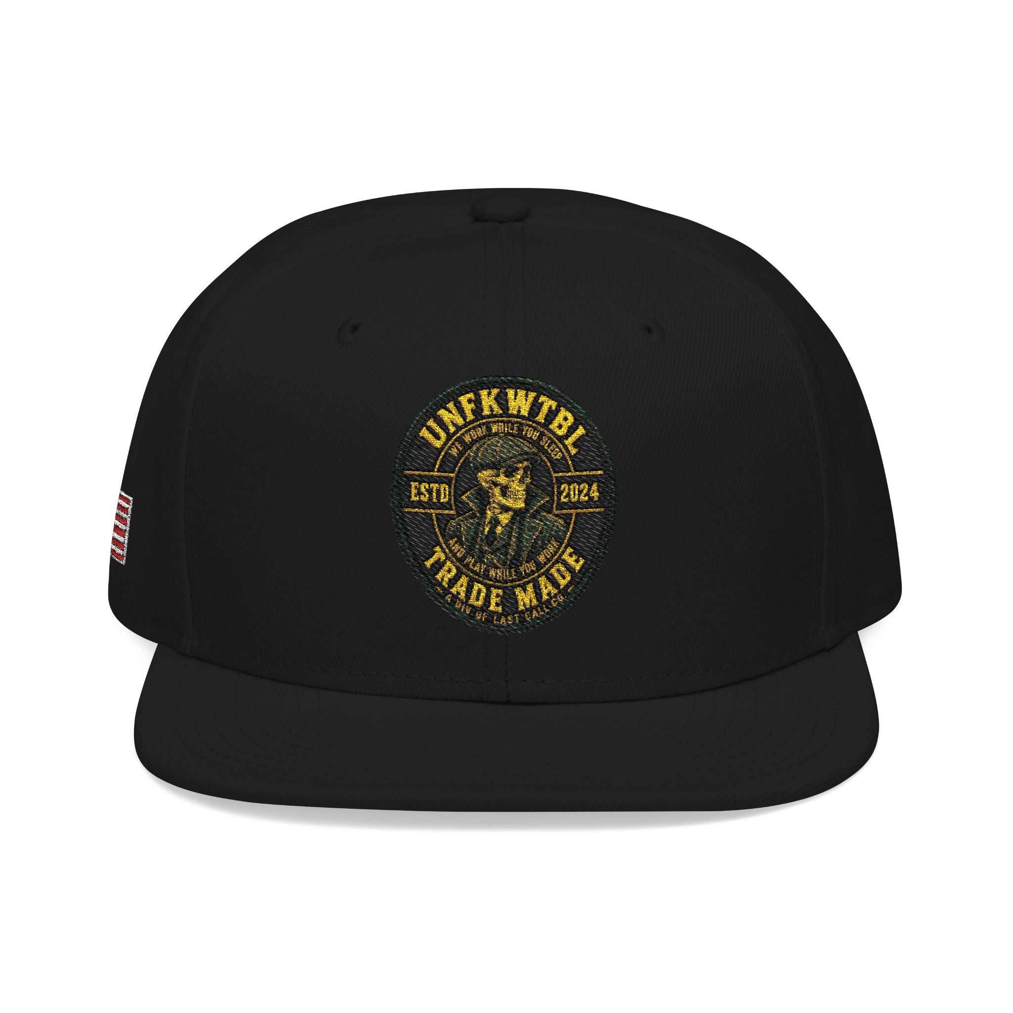 Embroidered Clover Snapback Hat with Lucky Shamrock Patch and American Flag on dark grey crown and black visor