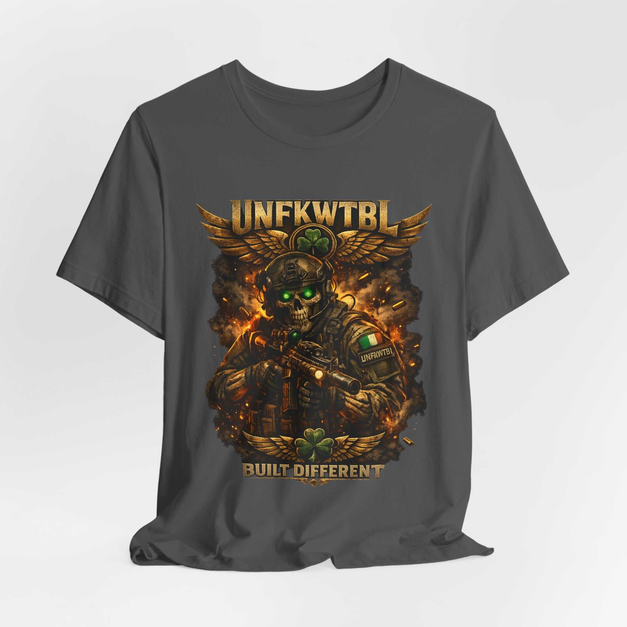Built Different Military Skull Tee — "UNKFWTBL" Tactical Graphic T-Shirt
