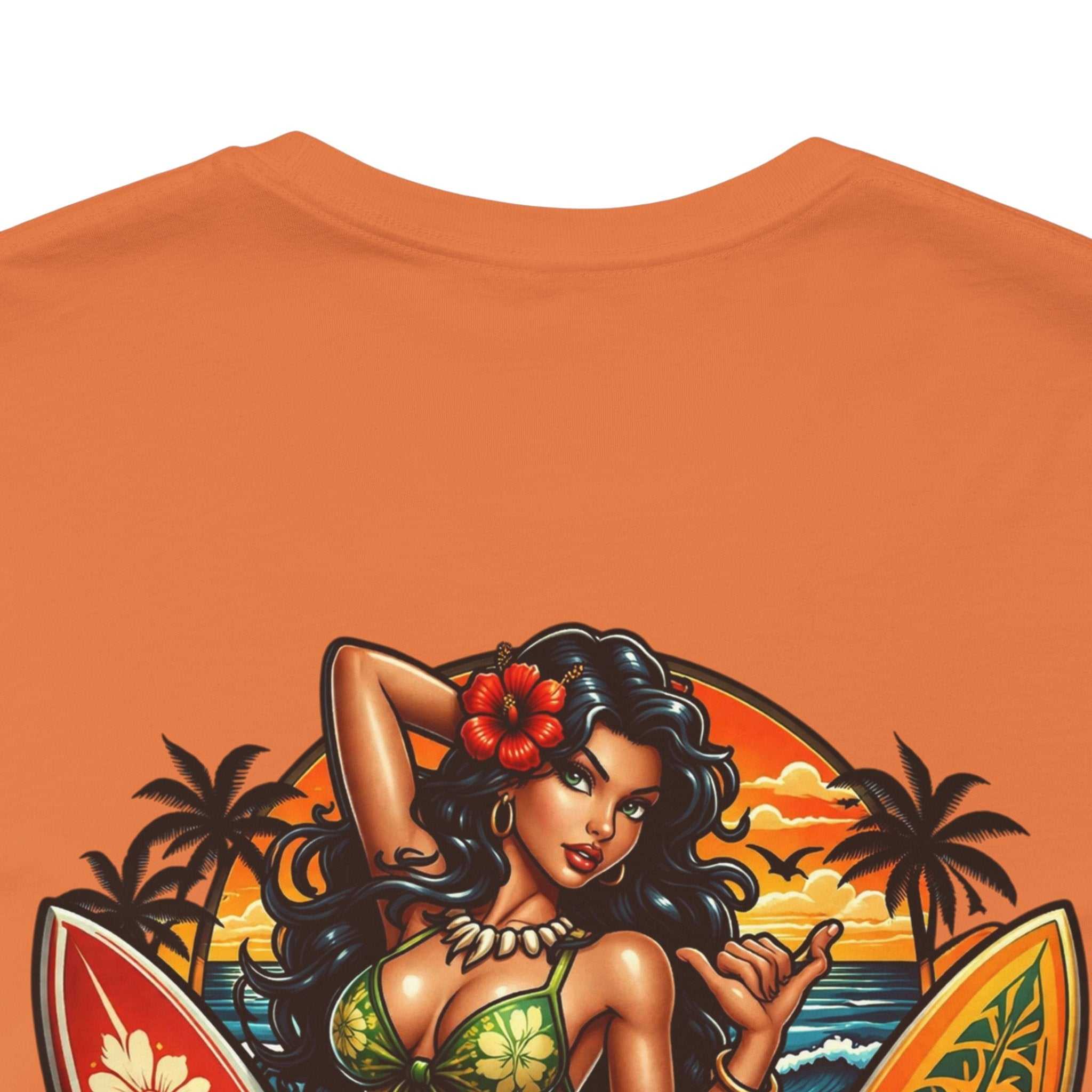 Hawaiian Surfboard T-Shirt with vibrant surfboard graphic, hula girl, and tropical blooms on soft breathable cotton