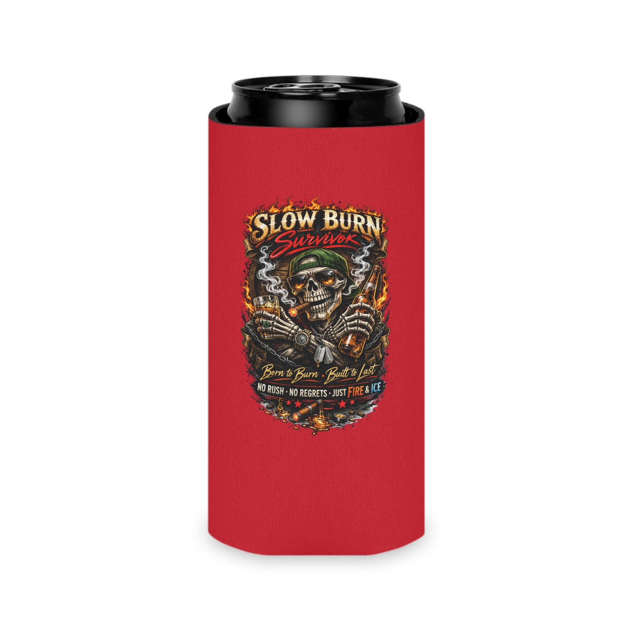 Can Cooler - "Stay Cold" Skeleton Beer Koozie (Slow Burn Survivor Vintage Skull Design)