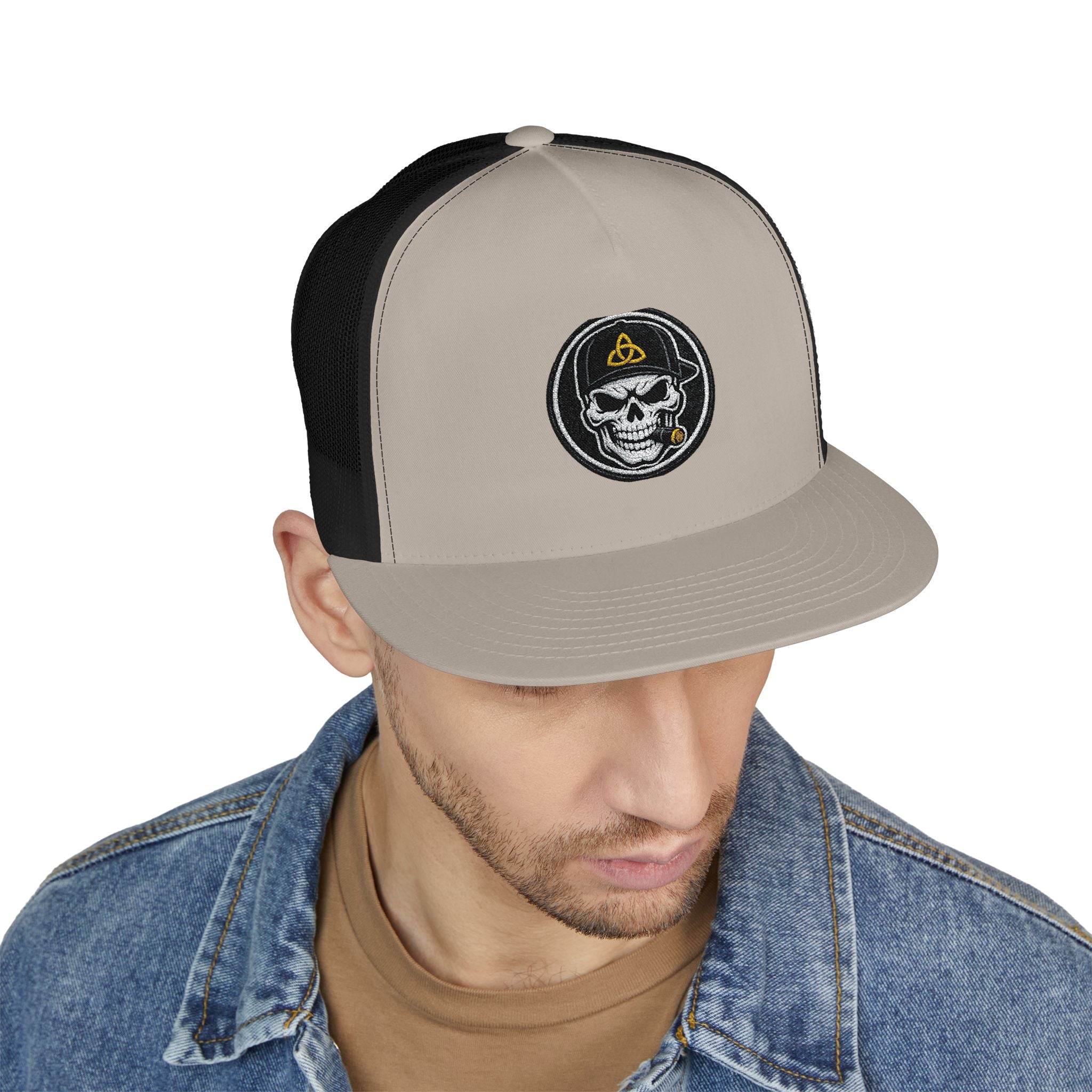 Embroidered Skull Captain Trucker Cap — Vintage Nautical Patch Hat