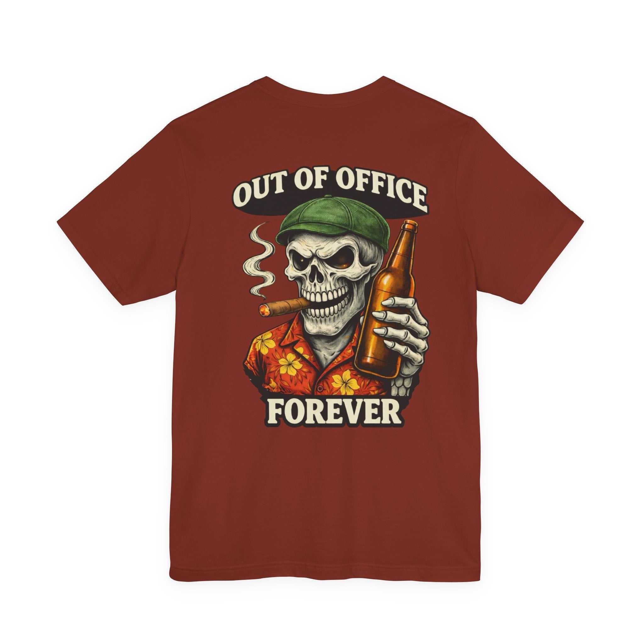 Skull 'Out of Office Forever' tee featuring a skeleton in a Hawaiian shirt with cigar and beer, lightweight cotton crew-neck shirt