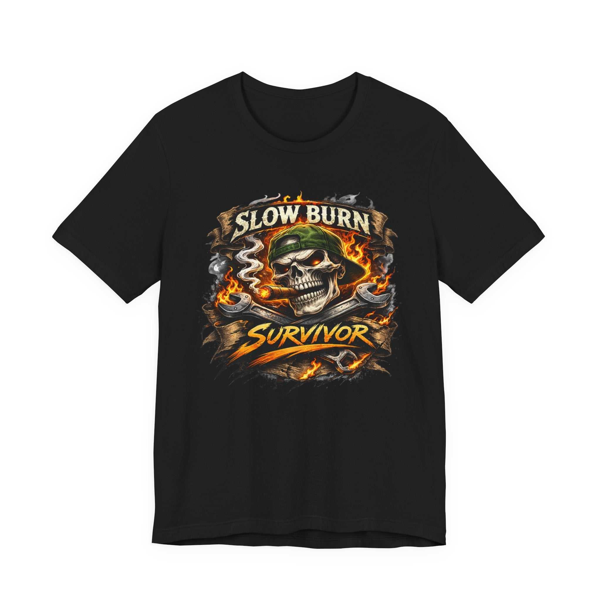 Slow Burn Survivor T‑Shirt — Skull Flame Vintage Motorcycle Tee