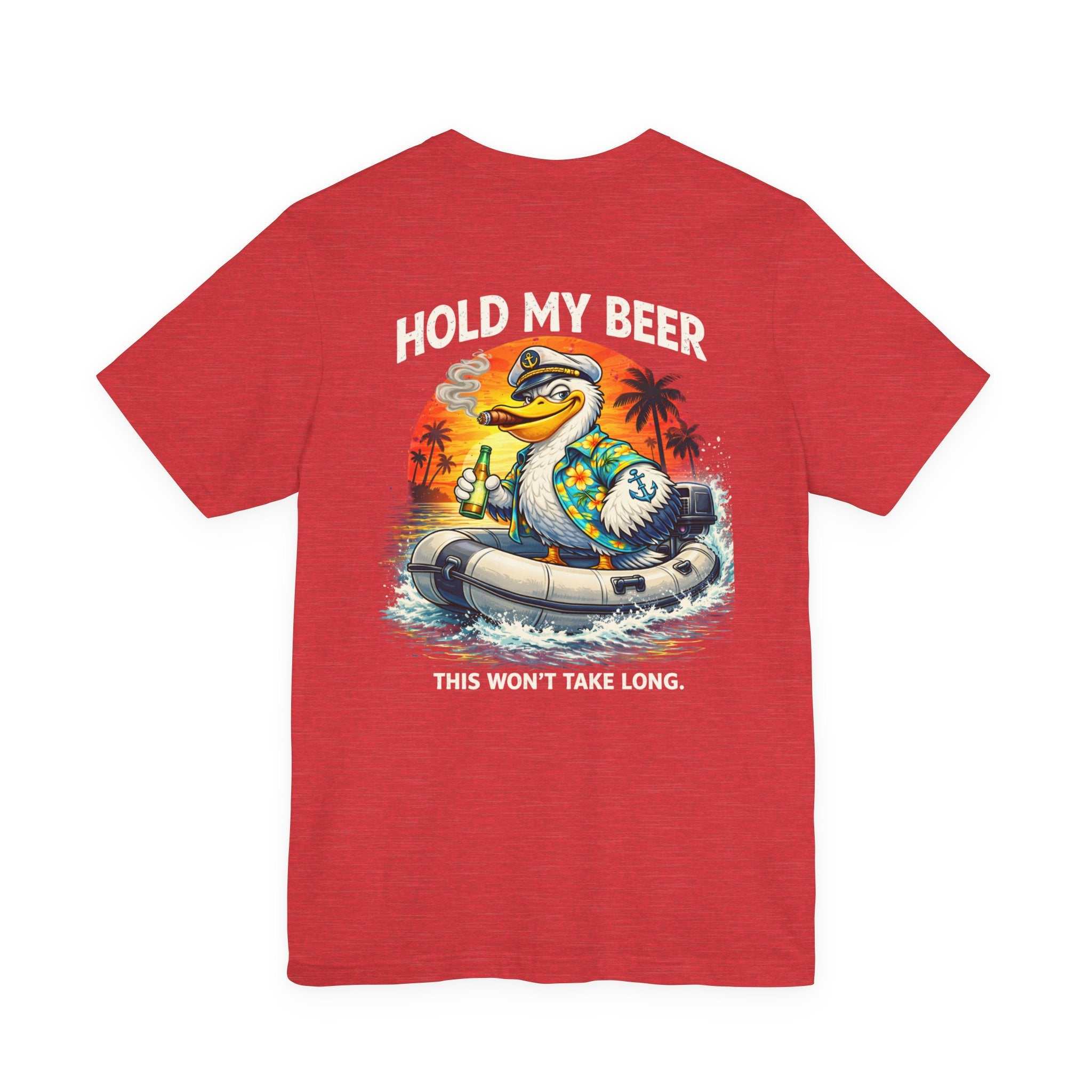 T-Shirt — Retro Pelican on Inflatable Tube Graphic Tee (Beach Vacation, Tropical Sunset)