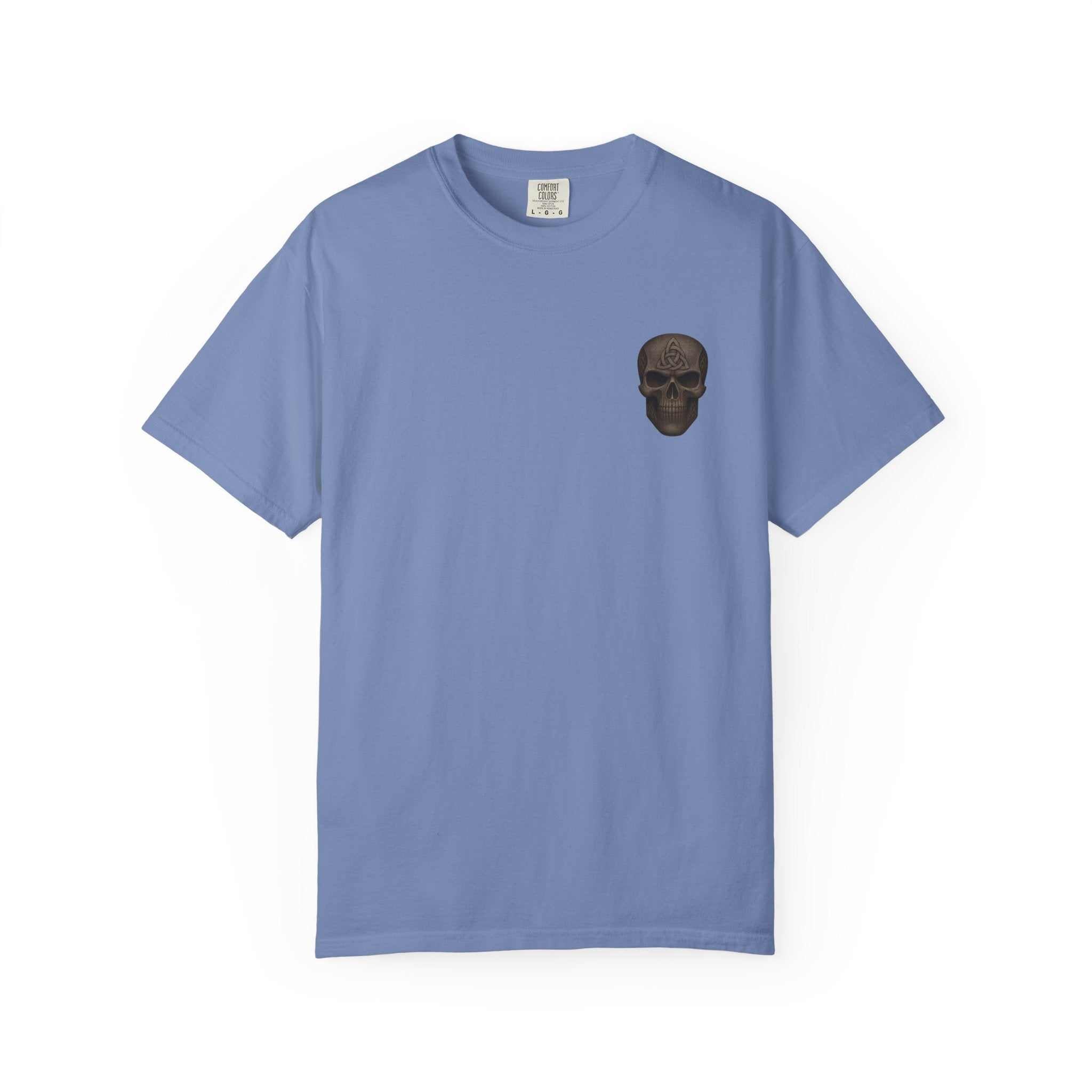 Beast King on vacation unisex light blue t-shirt with small black skull graphic, casual summer wear design