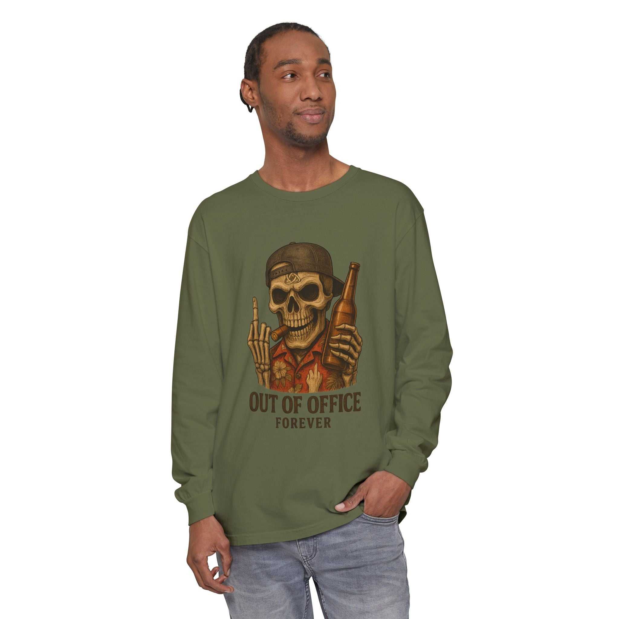 Long sleeve t-shirt with "Out of Office Forever" skull and beer graphic, soft garment-dyed cotton, classic fit, ribbed cuffs.