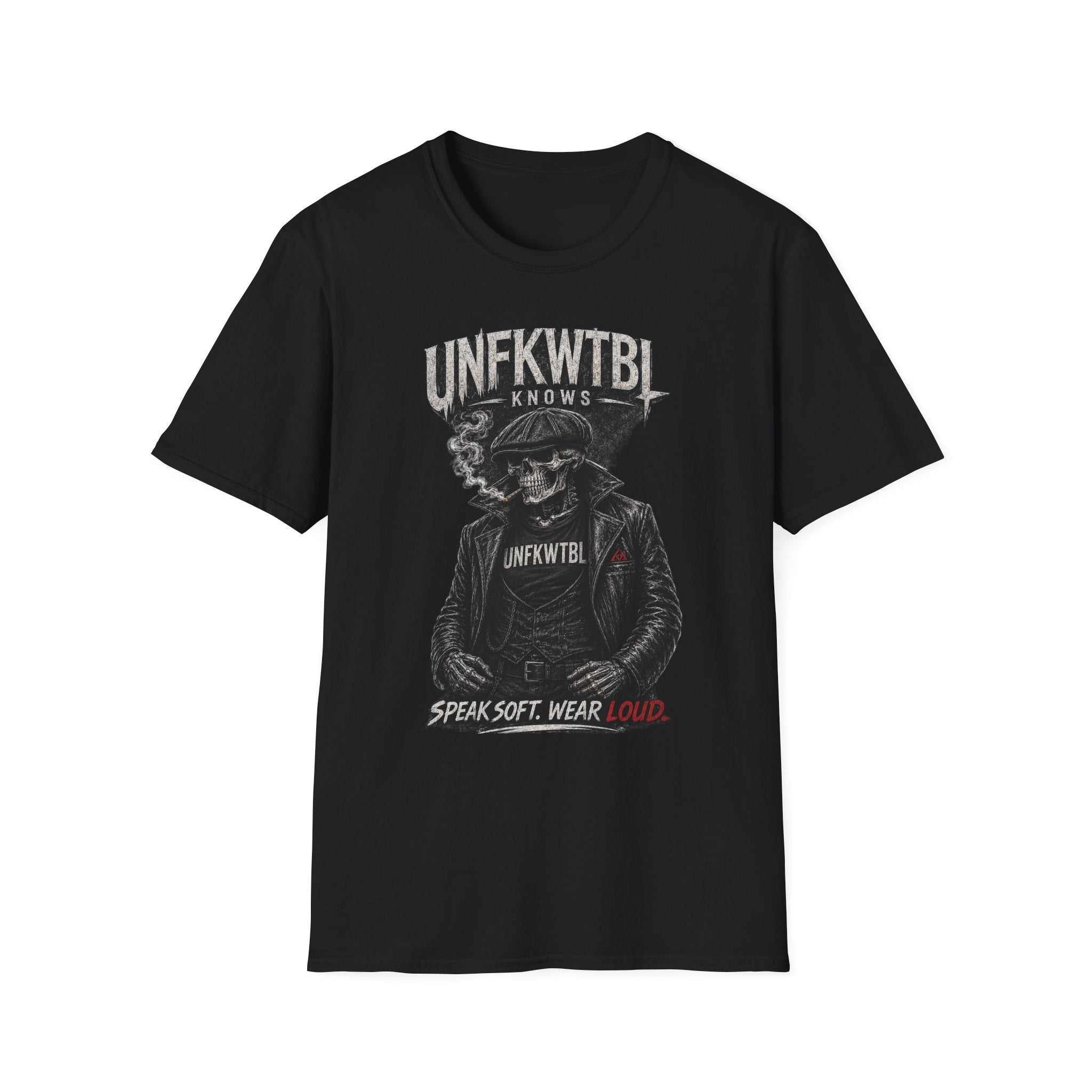 Black Skull Biker UNFKWTBL graphic t-shirt with distressed lettering and skull in leather jacket design