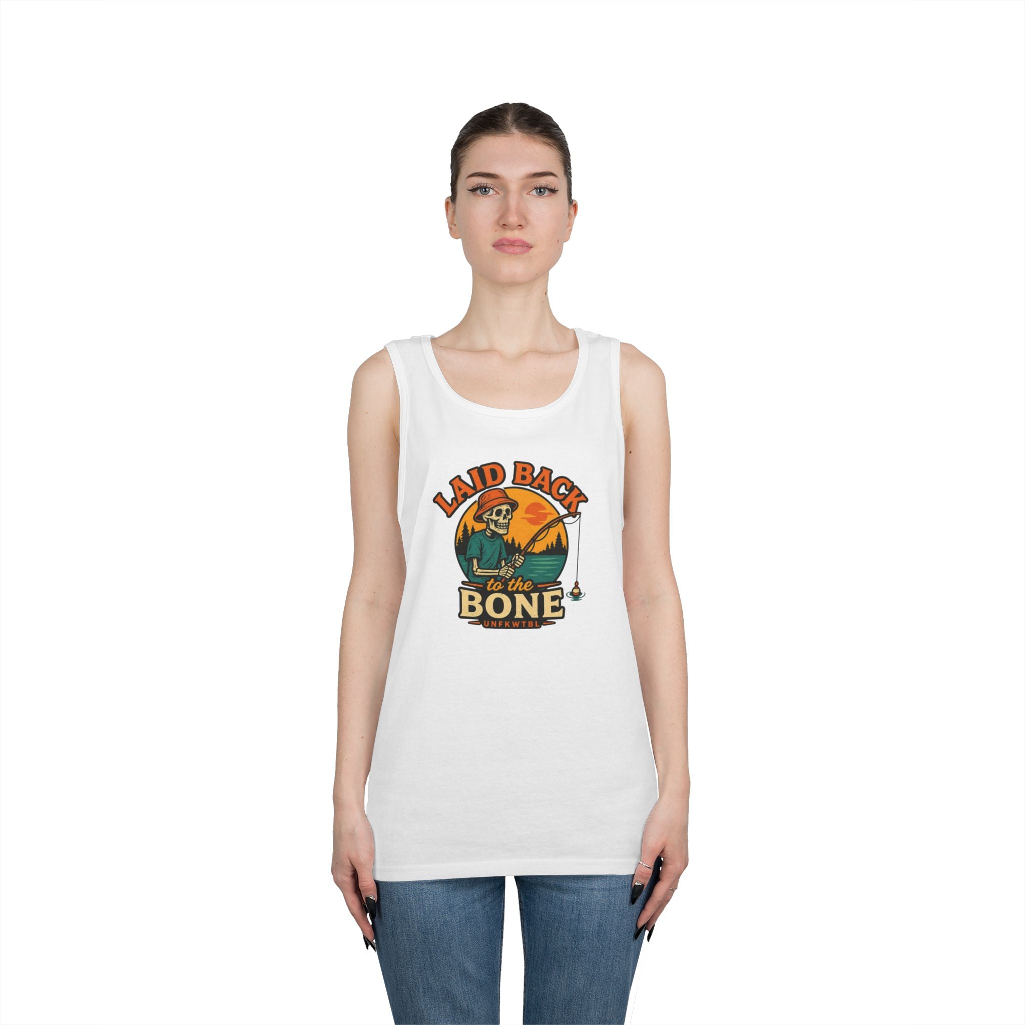 Laid Back to the Bone Tank Top — Retro Skull & Sunset Summer Graphic