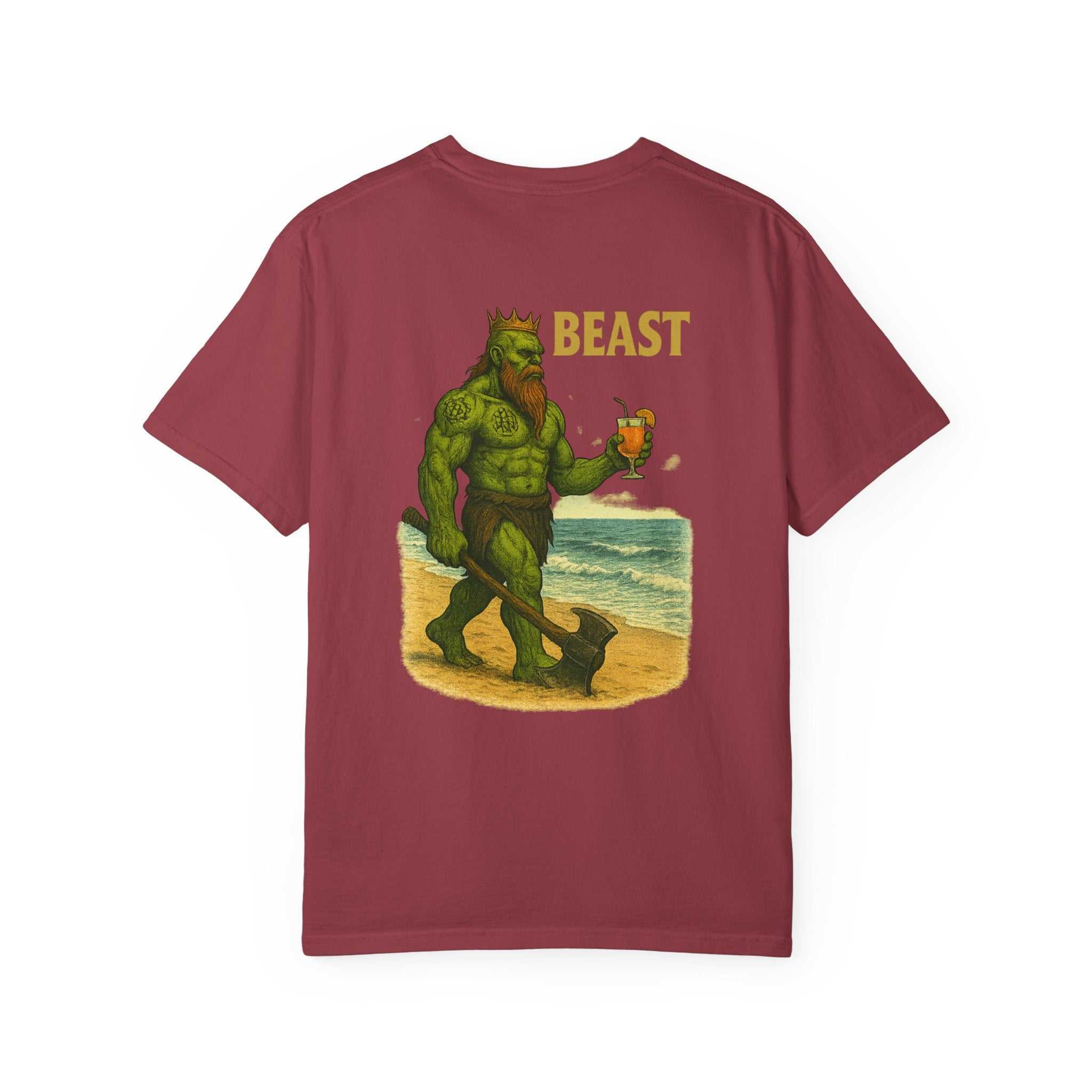 Beast King on vacation graphic on unisex maroon t-shirt, casual summer beachwear