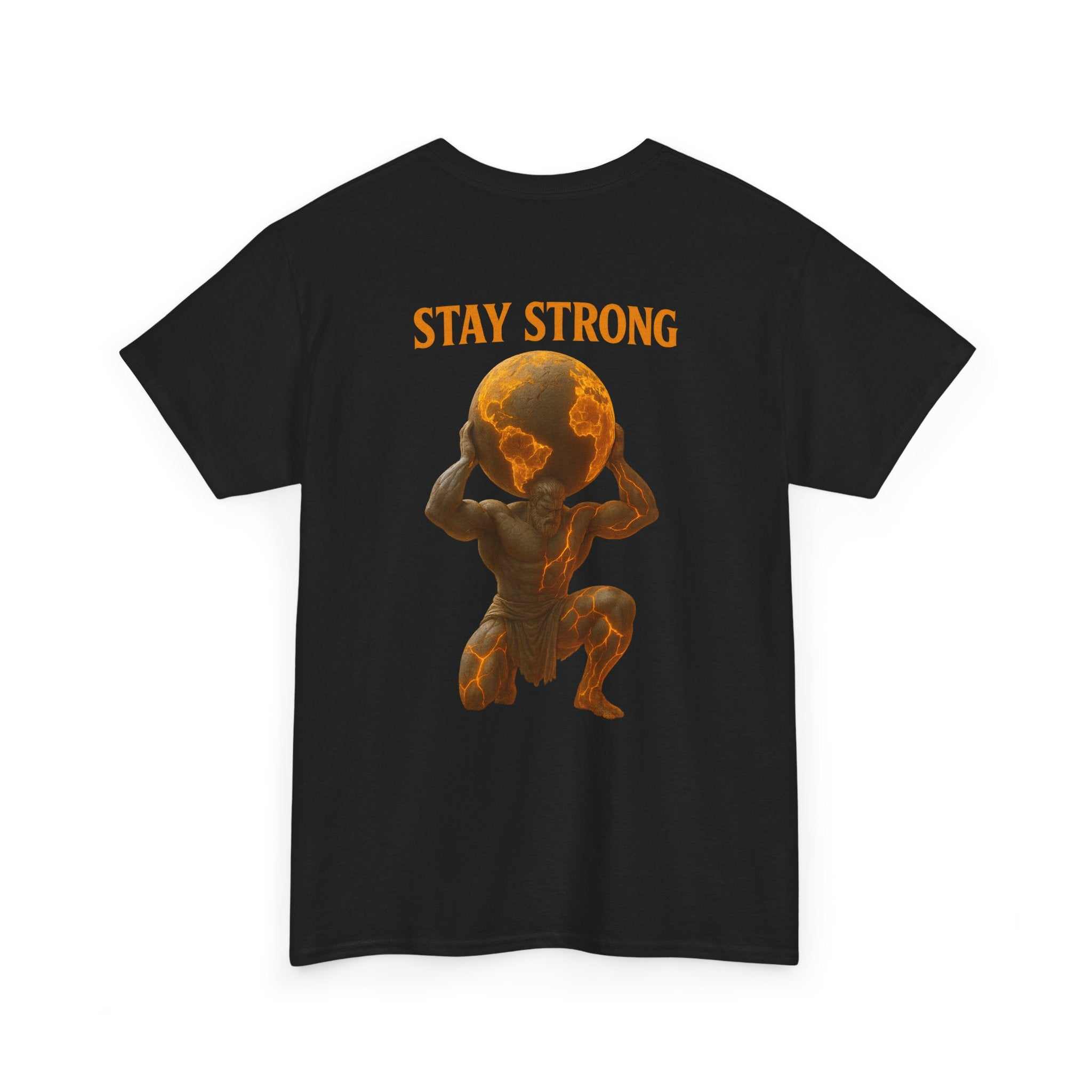 Atlas Strong Unisex Tee with Atlas holding the weight of the world graphic and size guide table