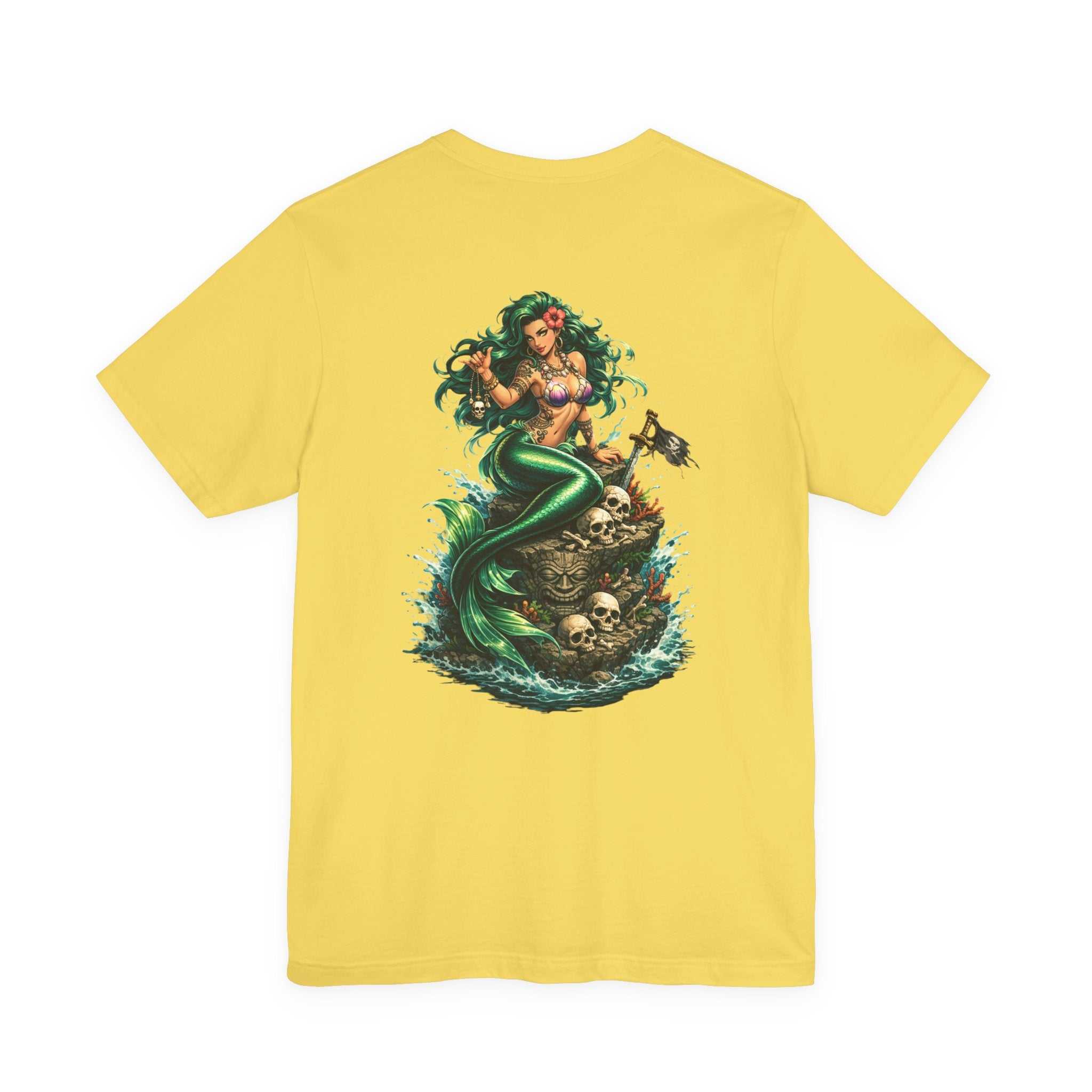 Vintage green Mermaid Skull Art Tee featuring a detailed mermaid skull graphic on a soft cotton t-shirt