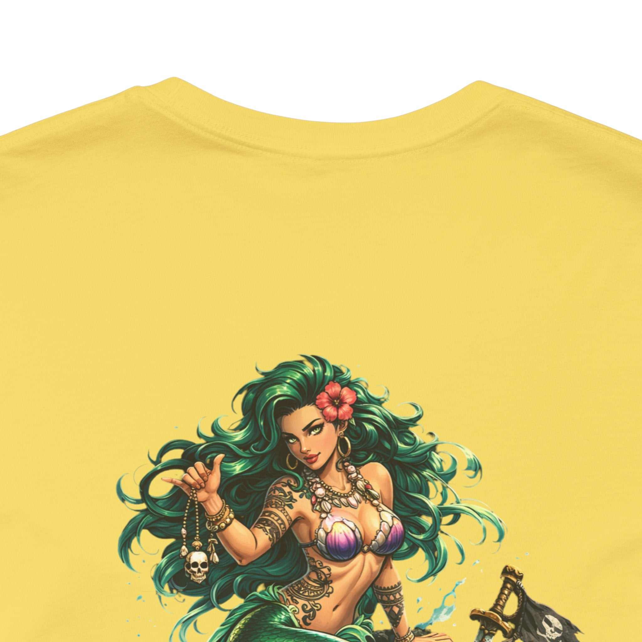 Vintage green Mermaid Skull Art Tee featuring a detailed mermaid with skull graphic on soft cotton shirt