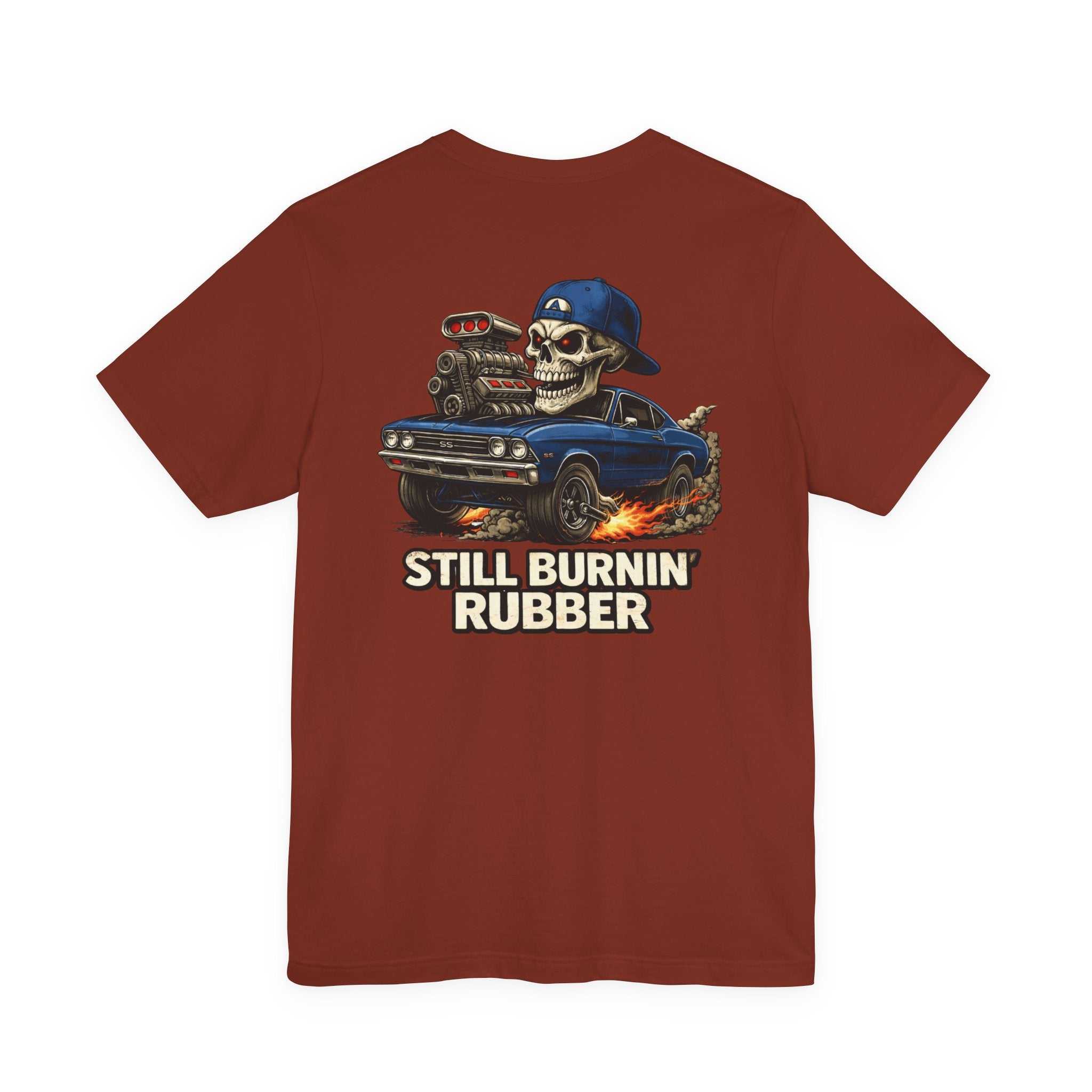 Burnout Skull Muscle Car Tee — "Still Burnin' Rubber" Graphic T-Shirt
