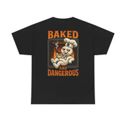 Black graphic tee with dough boy chilling in oven smoking cinnamon stick and text "Baked and Dangerous"