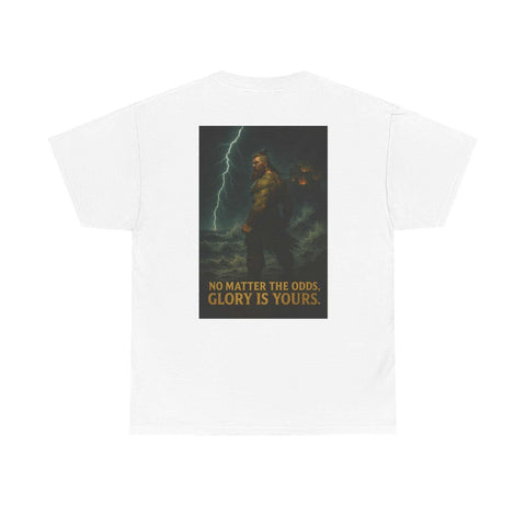 White Inspirational Quote Tee with "No Matter The Odds, Glory Is Yours" motivational design on the back
