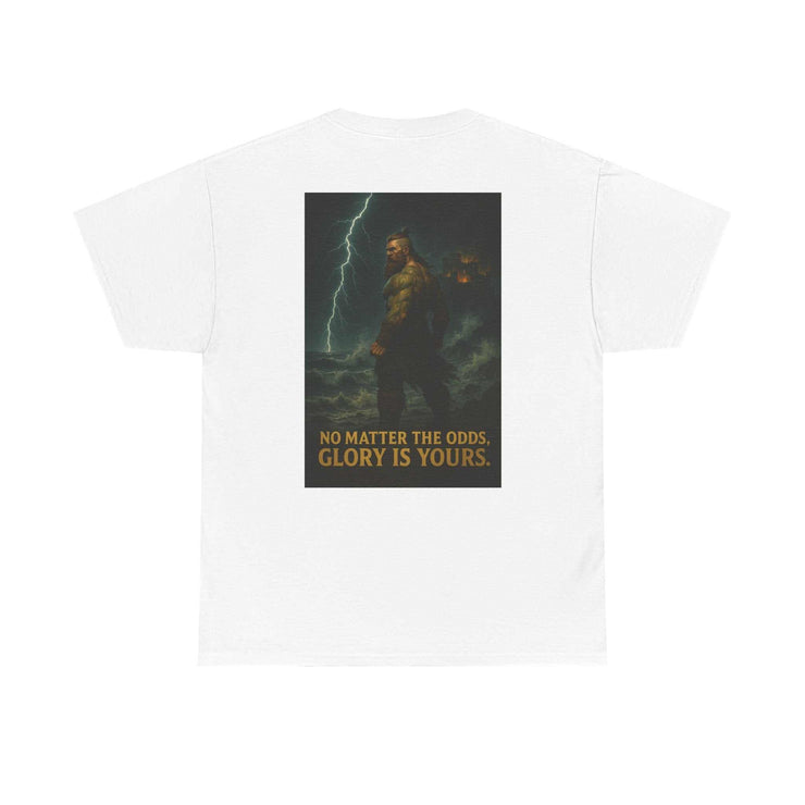 White Inspirational Quote Tee with "No Matter The Odds, Glory Is Yours" motivational design on the back