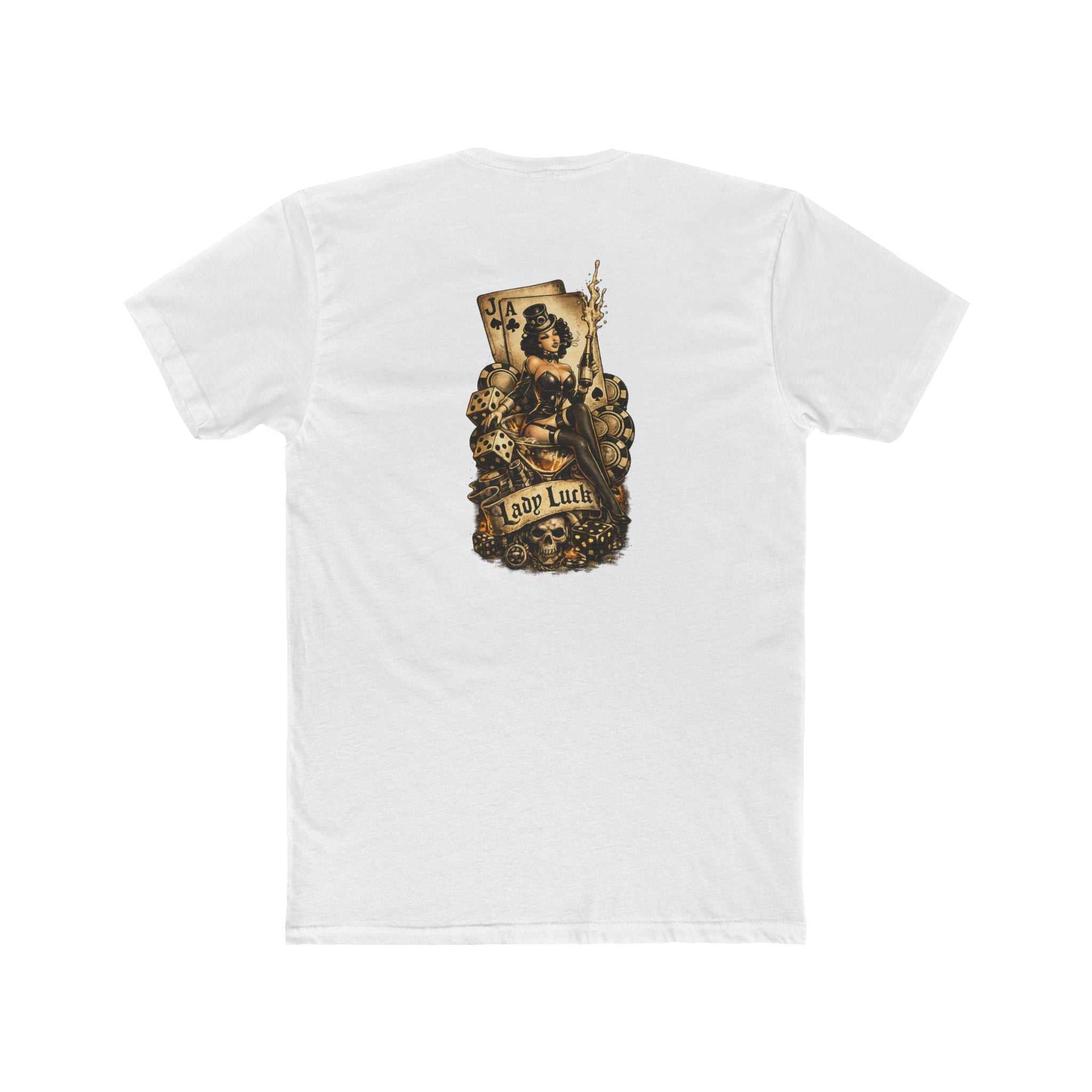 Crew Tee — Vintage Lucky Charm Graphic (Ace Cards, Skull & Banner)
