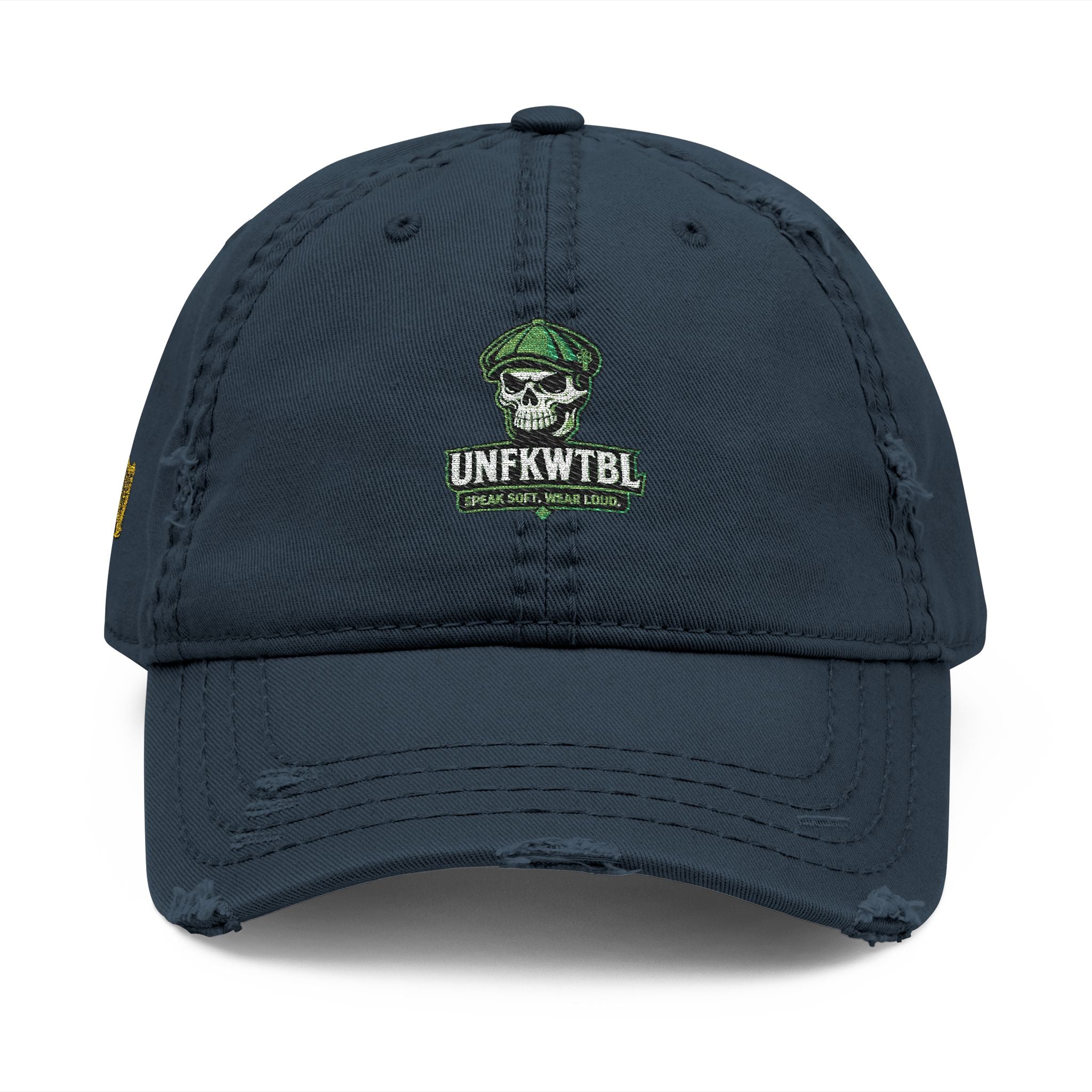 Distressed Embroidered Dad Hat — Green Skull & Shamrock "UNFRWTBL"