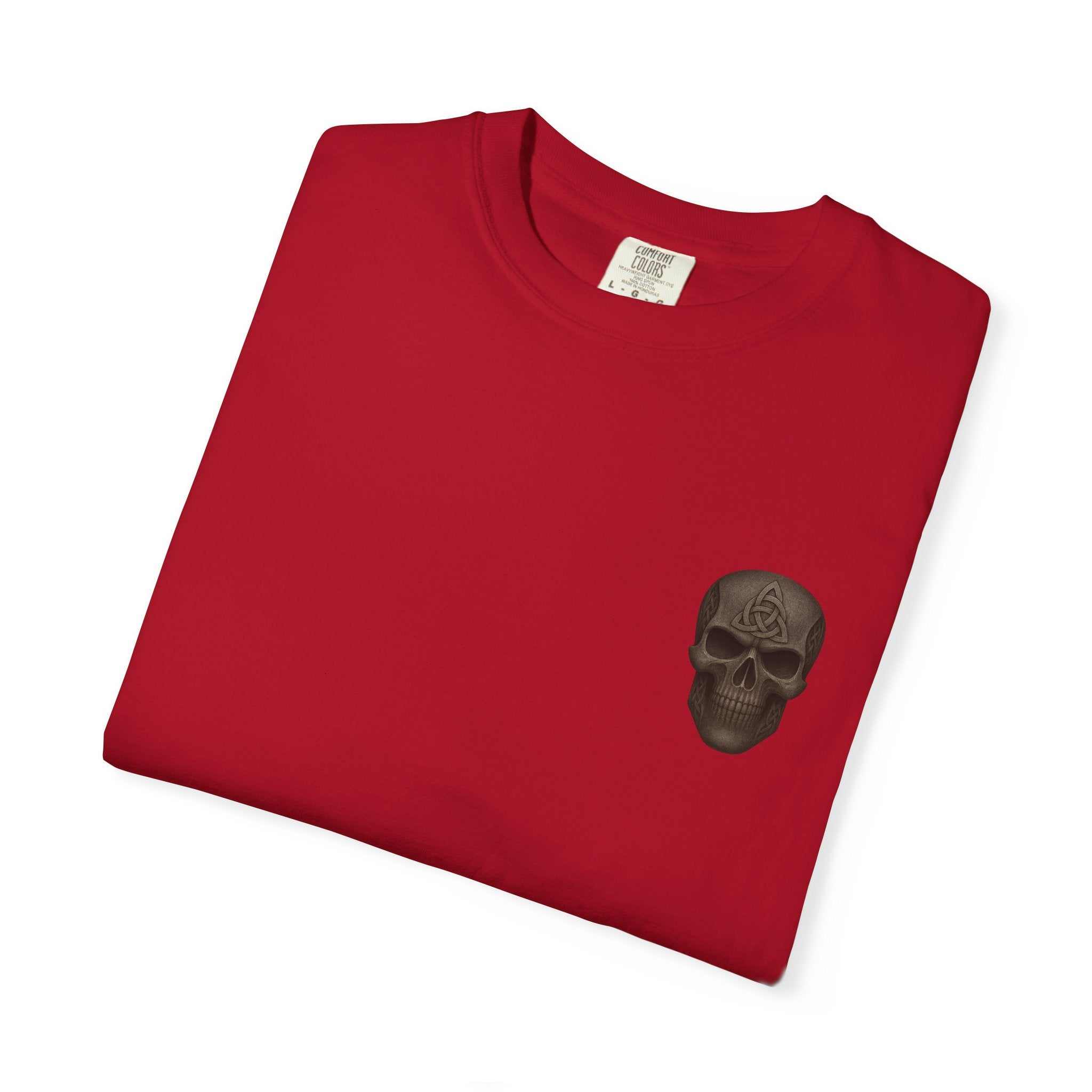 Red vintage-inspired patriotic t-shirt featuring a small black skull graphic, casual unisex fit perfect for celebrations