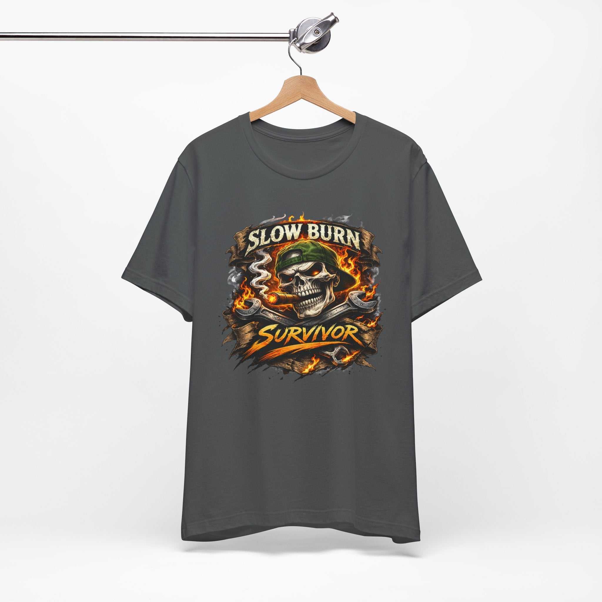 Slow Burn Survivor T‑Shirt — Skull Flame Vintage Motorcycle Tee