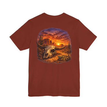 Skull Desert Sunset Tee with western bull skull and desert sunset graphic on breathable cotton t-shirt
