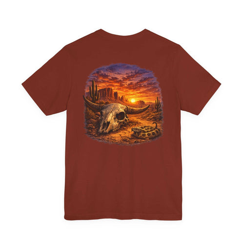 Skull Desert Sunset Tee with western bull skull and desert sunset graphic on breathable cotton t-shirt