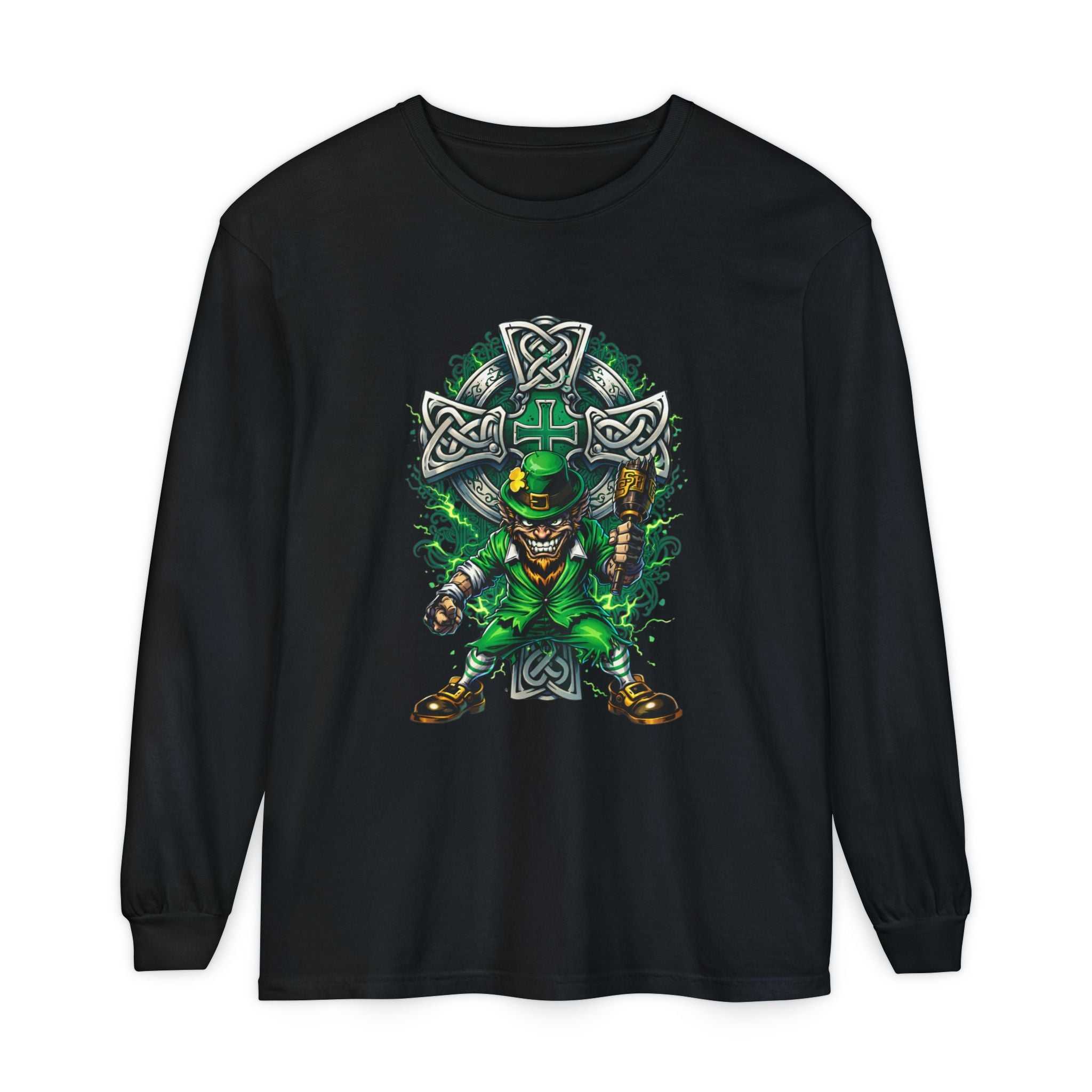 Rust-colored Celtic Leprechaun Long Sleeve Tee with bold artwork and ribbed cuffs, perfect for St. Patrick’s Day.