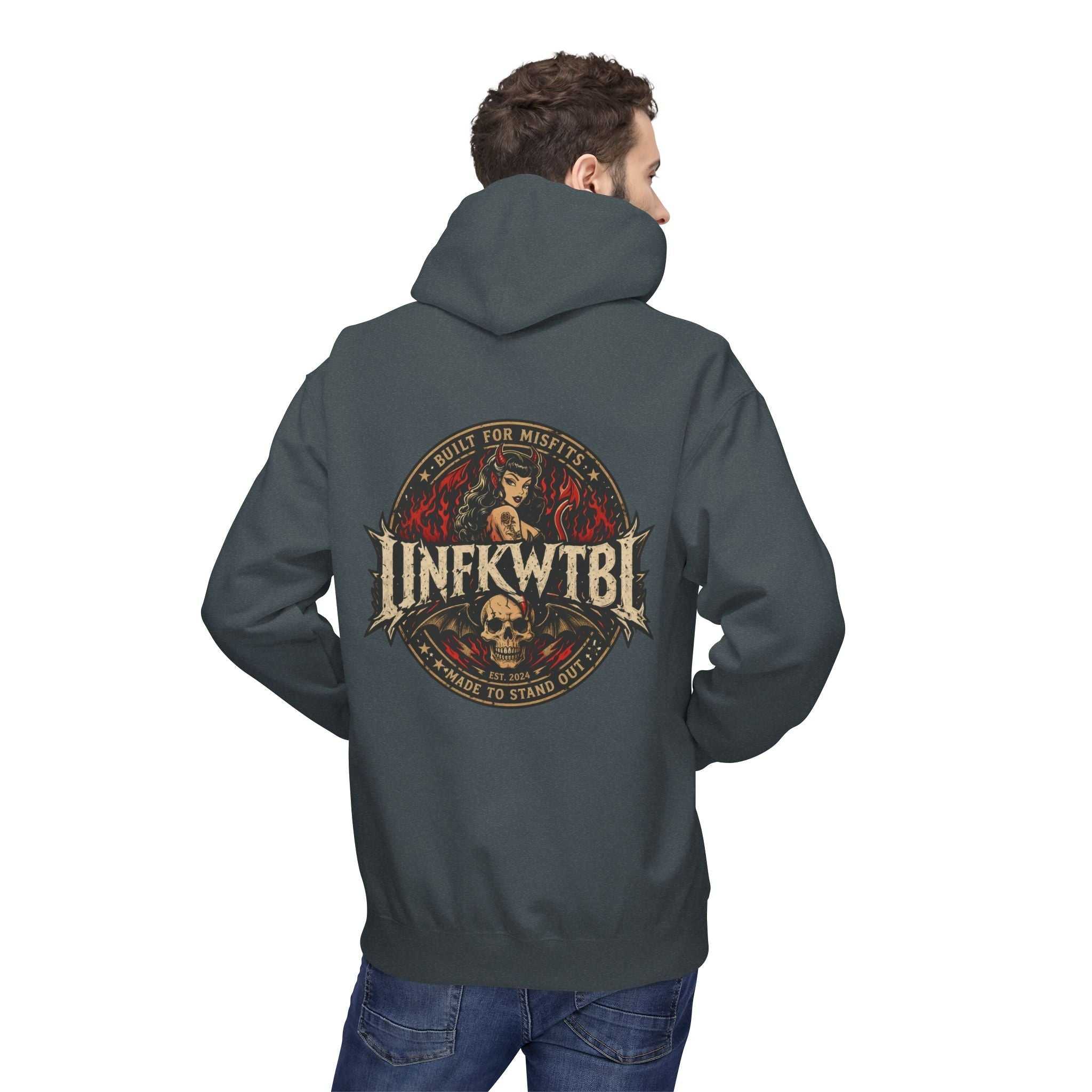 Vintage biker aesthetics hoodie with skull band emblem and relaxed fit