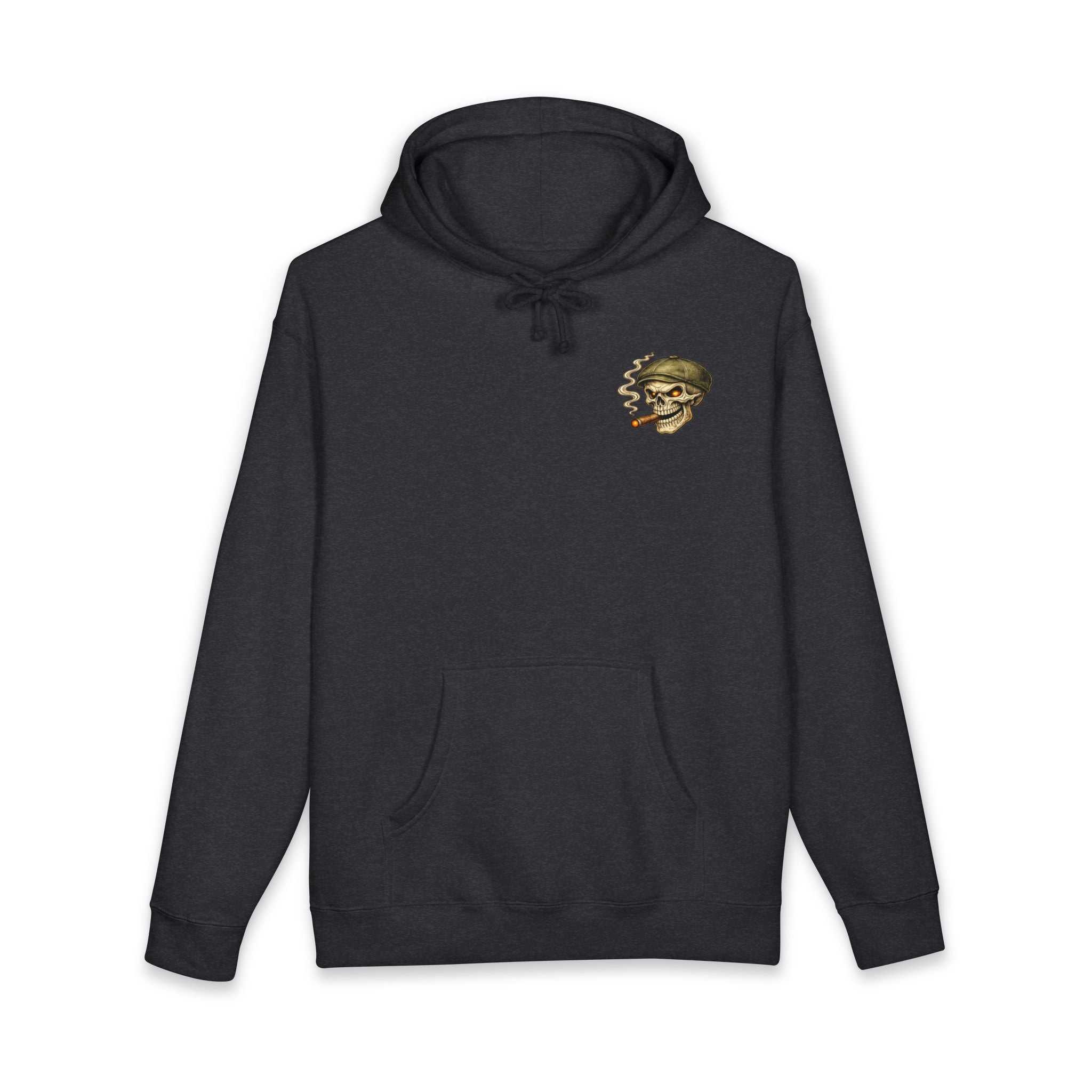 Skull Cigar Hoodie with bold skull and cigar graphic on muted camo heavyweight pullover