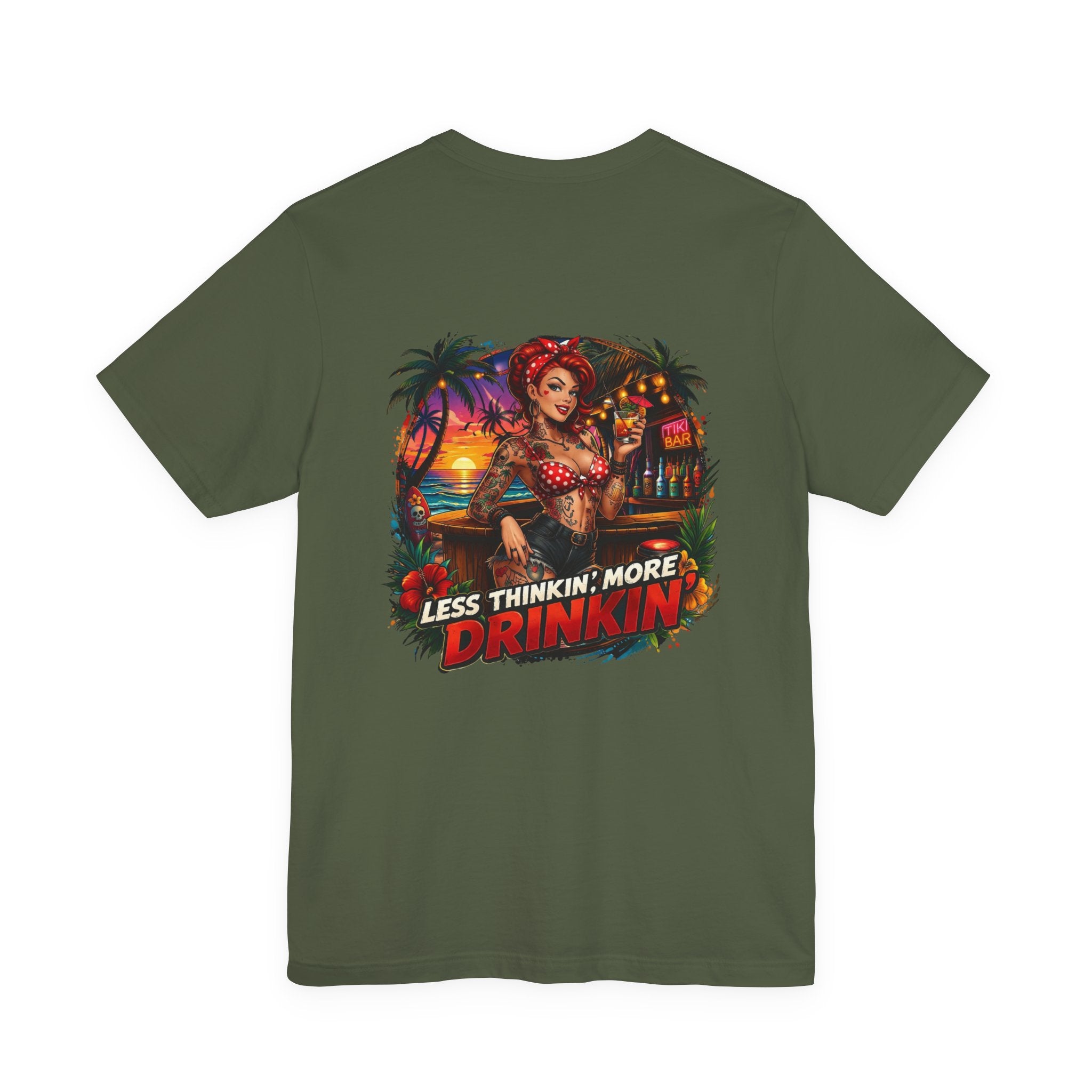 Beach Pinup T‑Shirt — "Less Thinkin', More Drinkin'" Retro Tropical Tee