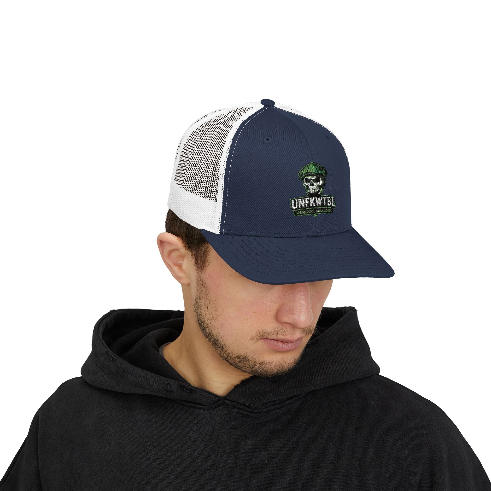 Snapback Trucker Cap — Green Camo Skull "UNFWTB1L" Embroidered Military Patch