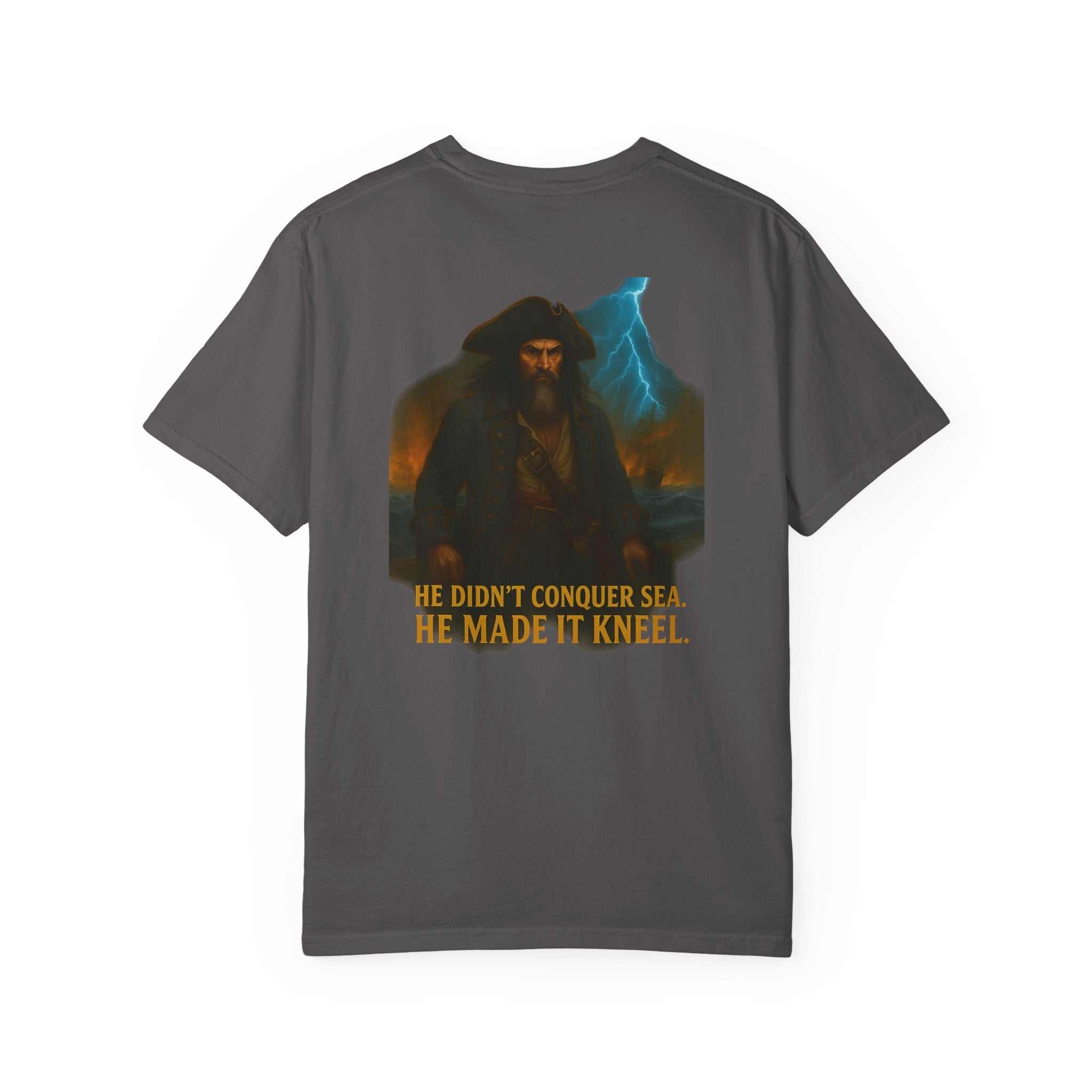 Blackbeard Pirate Lord graphic on dark garment-dyed unisex t-shirt with bold quote design