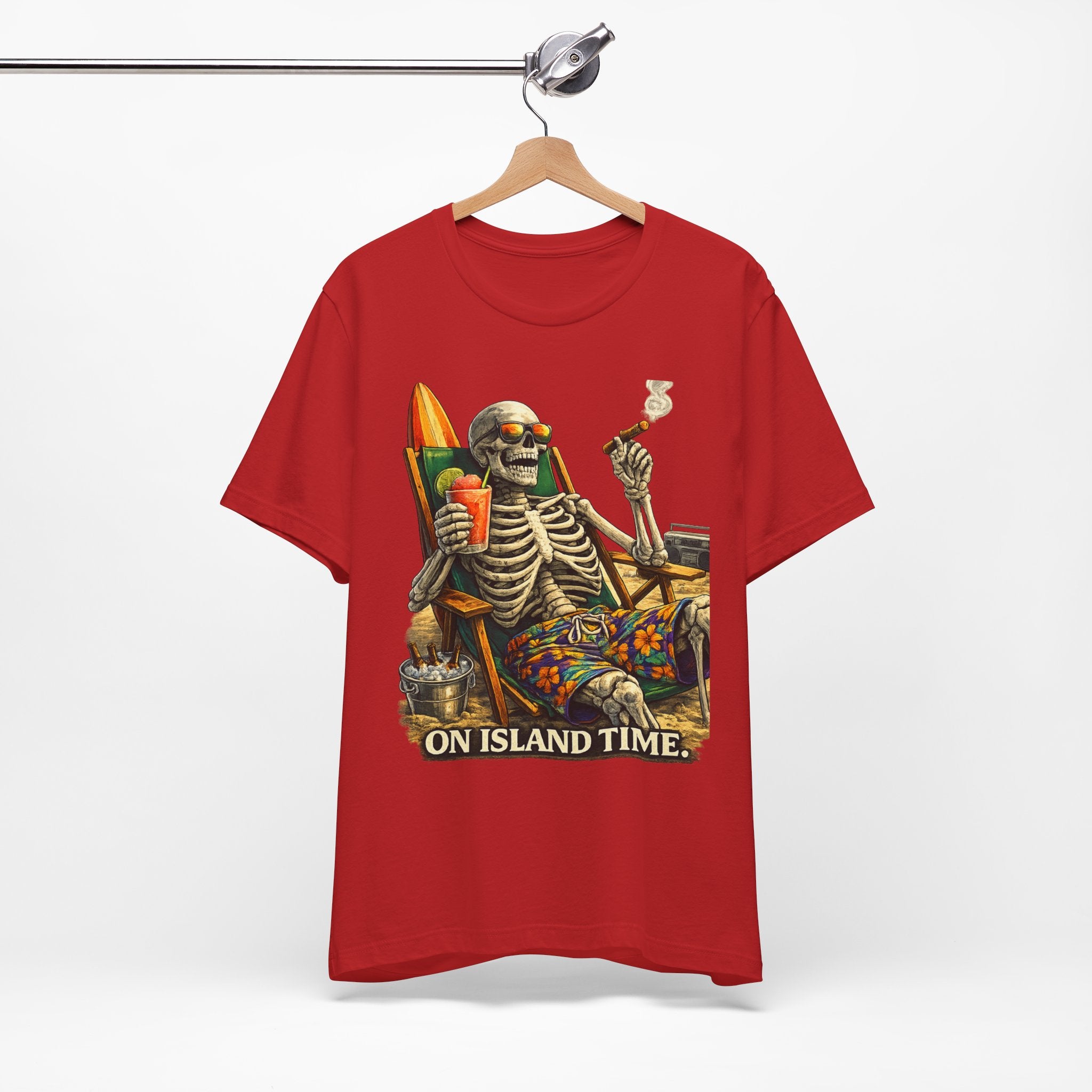 Skeleton Beach Tee — "On Island Time" Tropical Skull Vacation T-Shirt